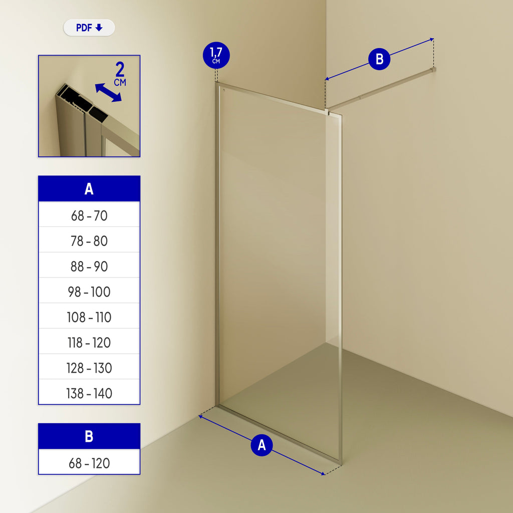 GIANNA - Painel de duche Walk-In em vidro temperado com perfil cromado