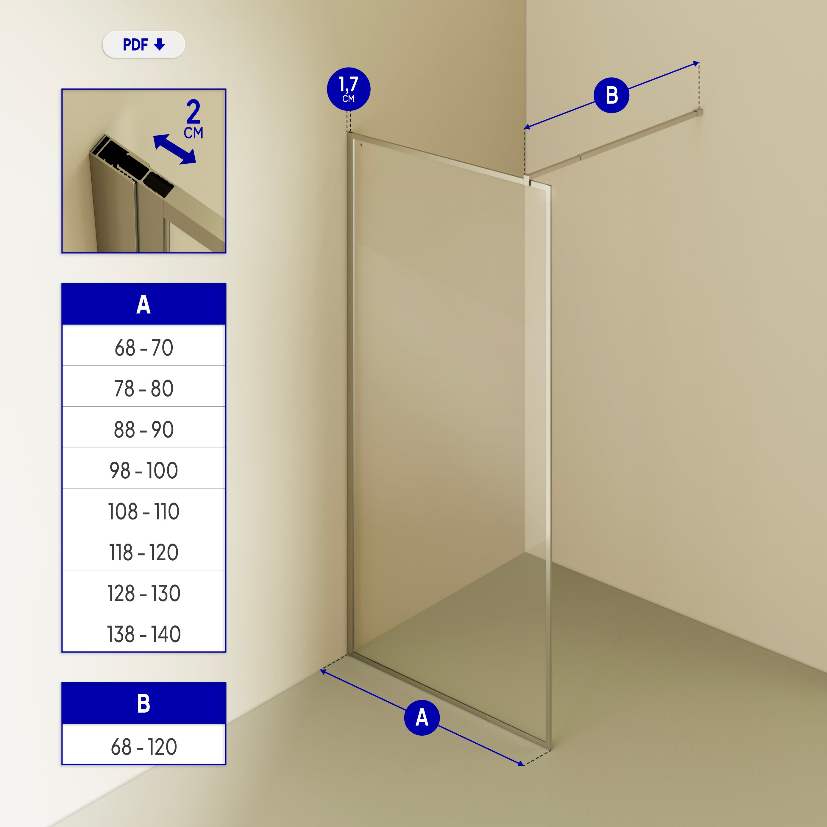GIANNA - Painel de duche Walk-In em vidro temperado com perfil cromado