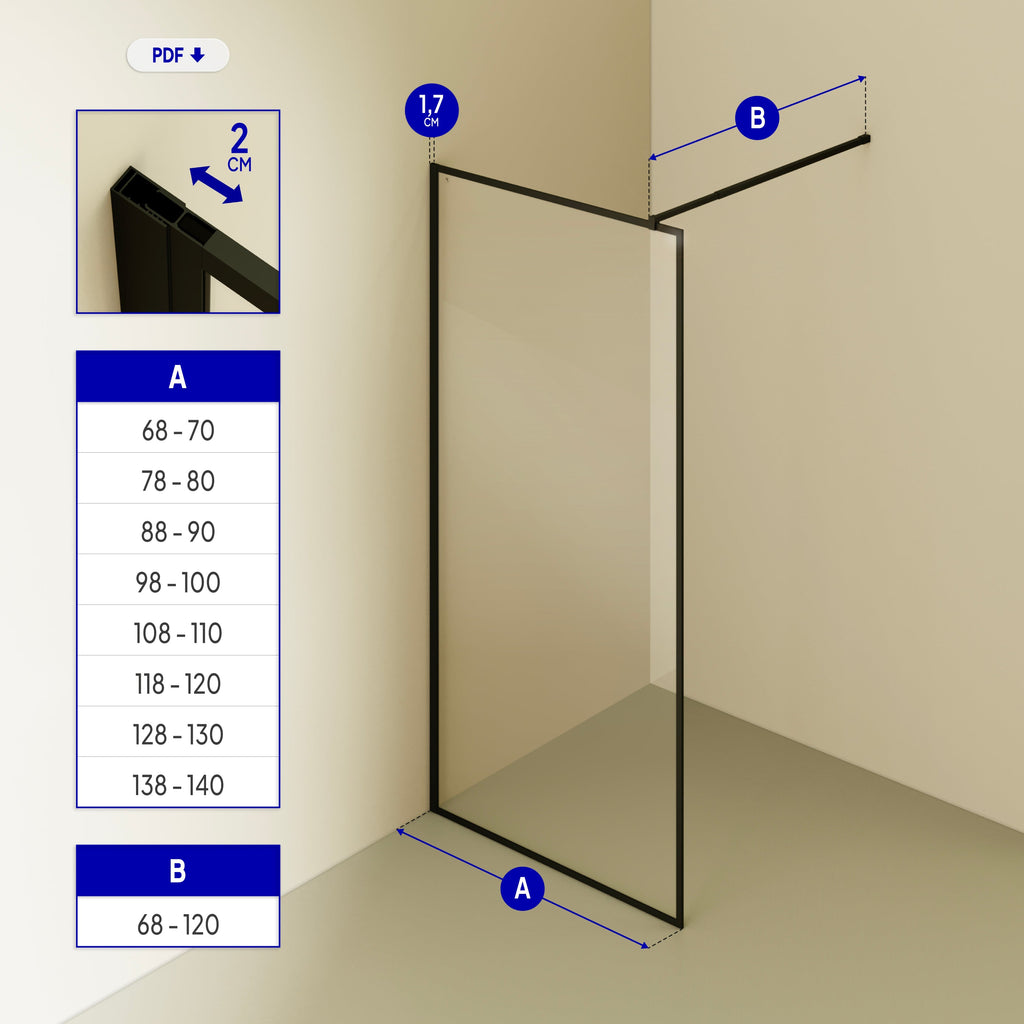 GIANNA - Painel de duche Walk-In em vidro temperado com perfil preto mate