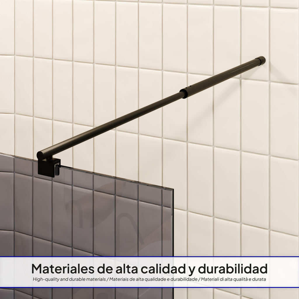 FIONA - Panel de ducha Walk-In de cristal templado oscurecido de 10 mm con perfil negro mate