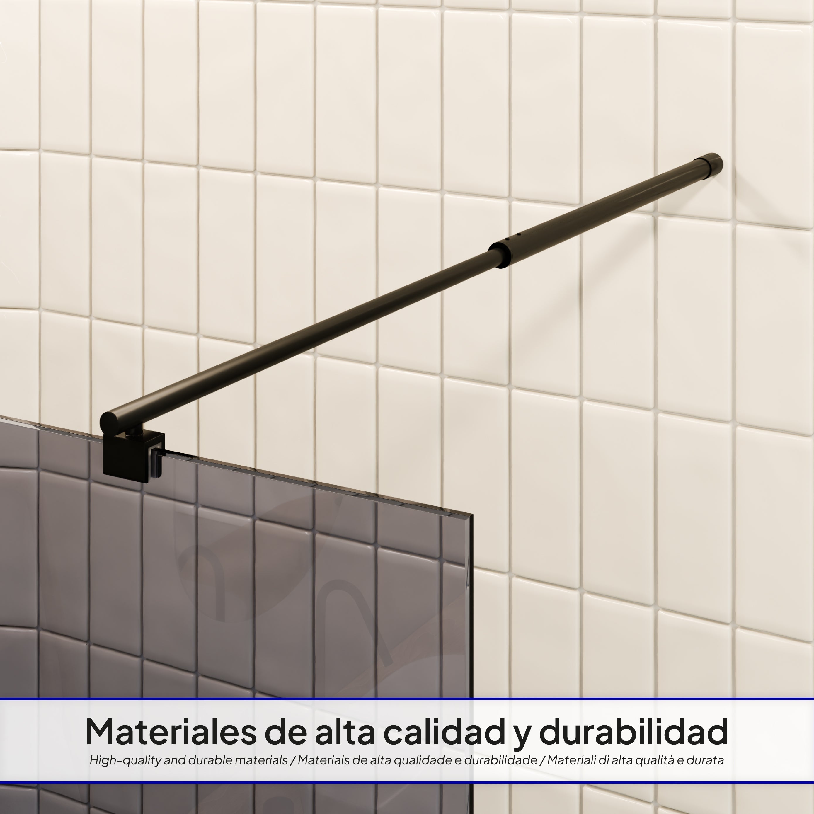 FIONA - Panel de ducha Walk-In de cristal templado oscurecido de 10 mm con perfil negro mate