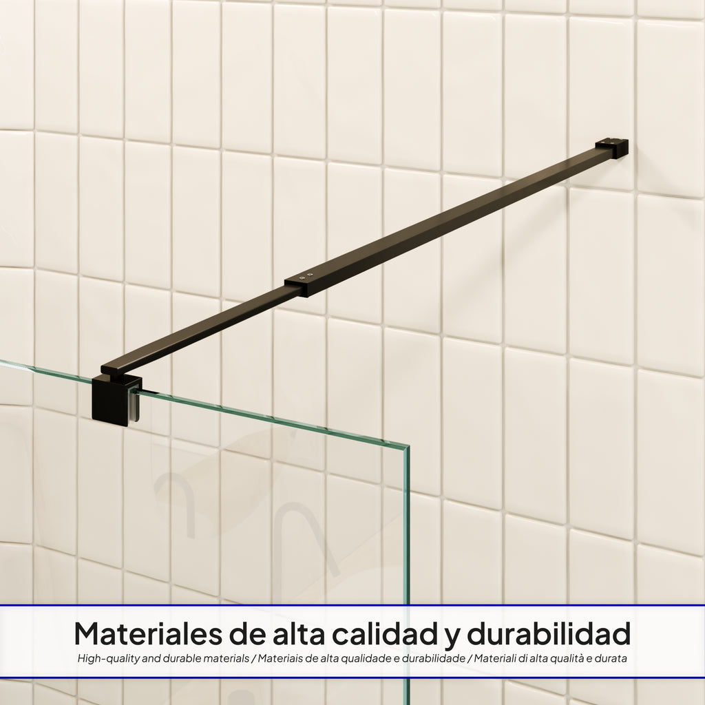 FIONA - Painel de duche walk-in em vidro temperado 8 mm com perfil preto mate e barra 23BM