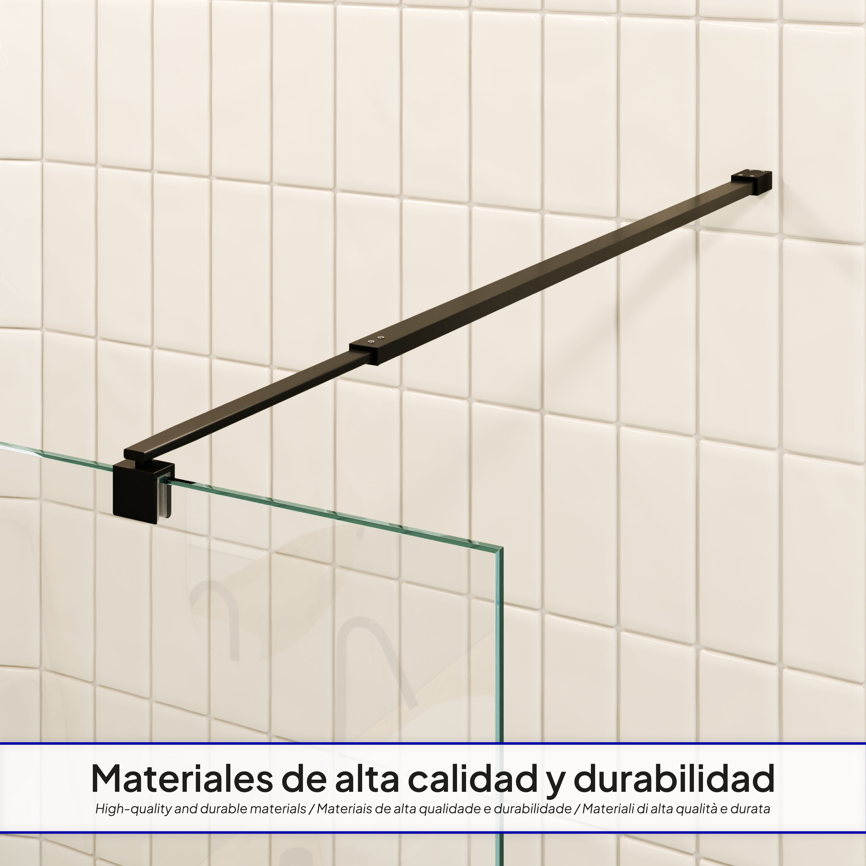 FIONA - Painel de duche walk-in em vidro temperado 8 mm com perfil preto mate e barra 23BM