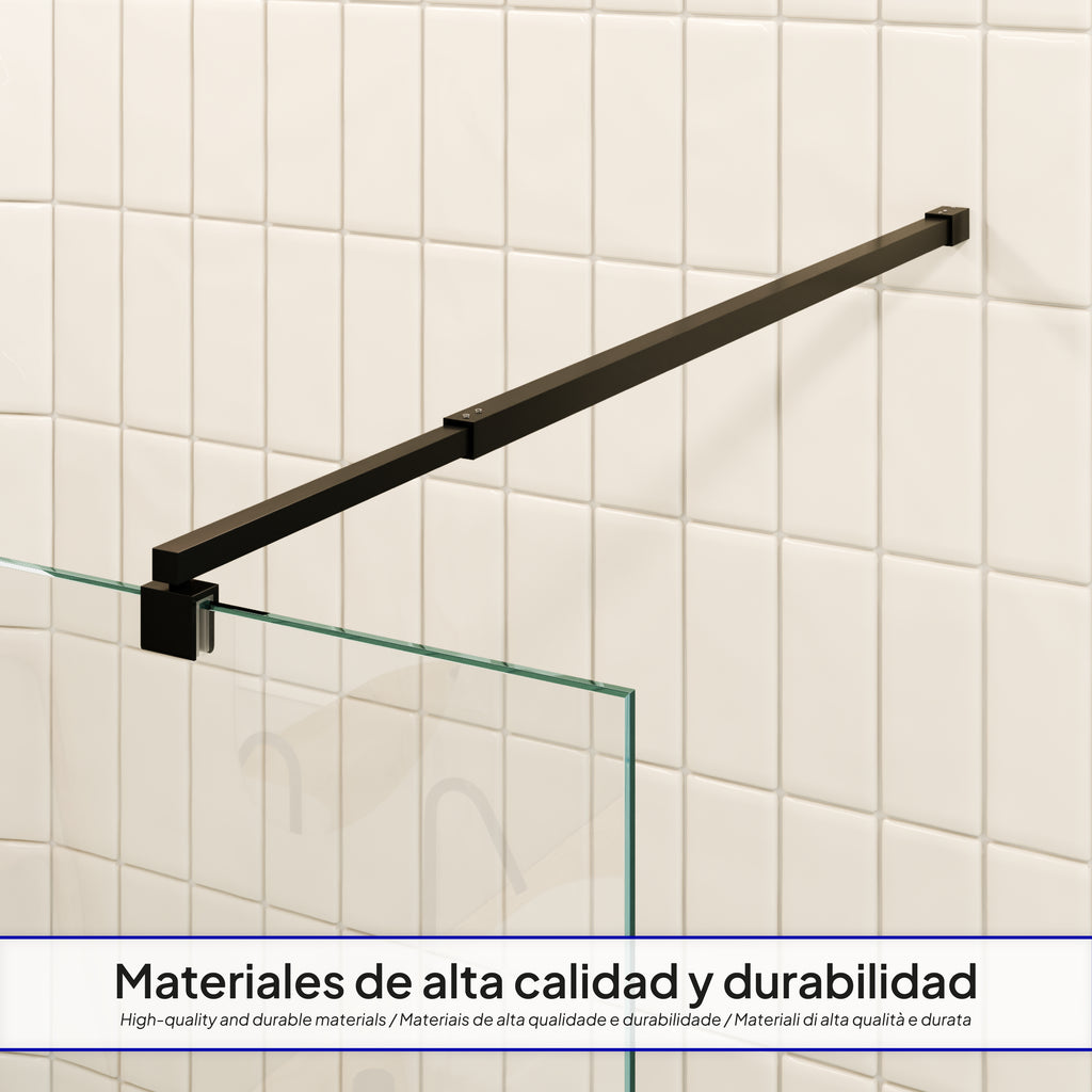 FIONA - Painel de duche walk-in em vidro temperado 8 mm com perfil preto mate e barra 22BM