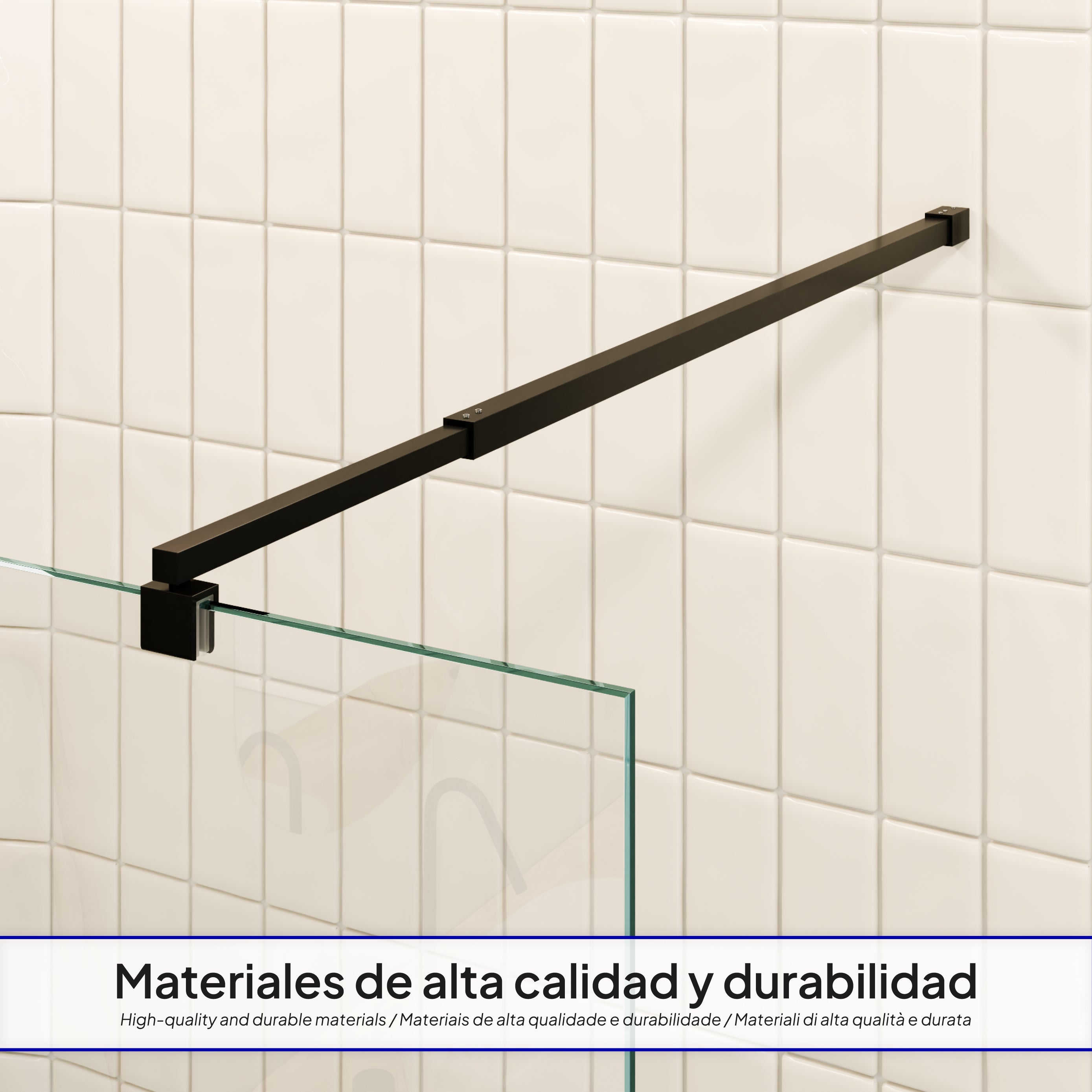 FIONA - Painel de duche walk-in em vidro temperado 8 mm com perfil preto mate e barra 22BM