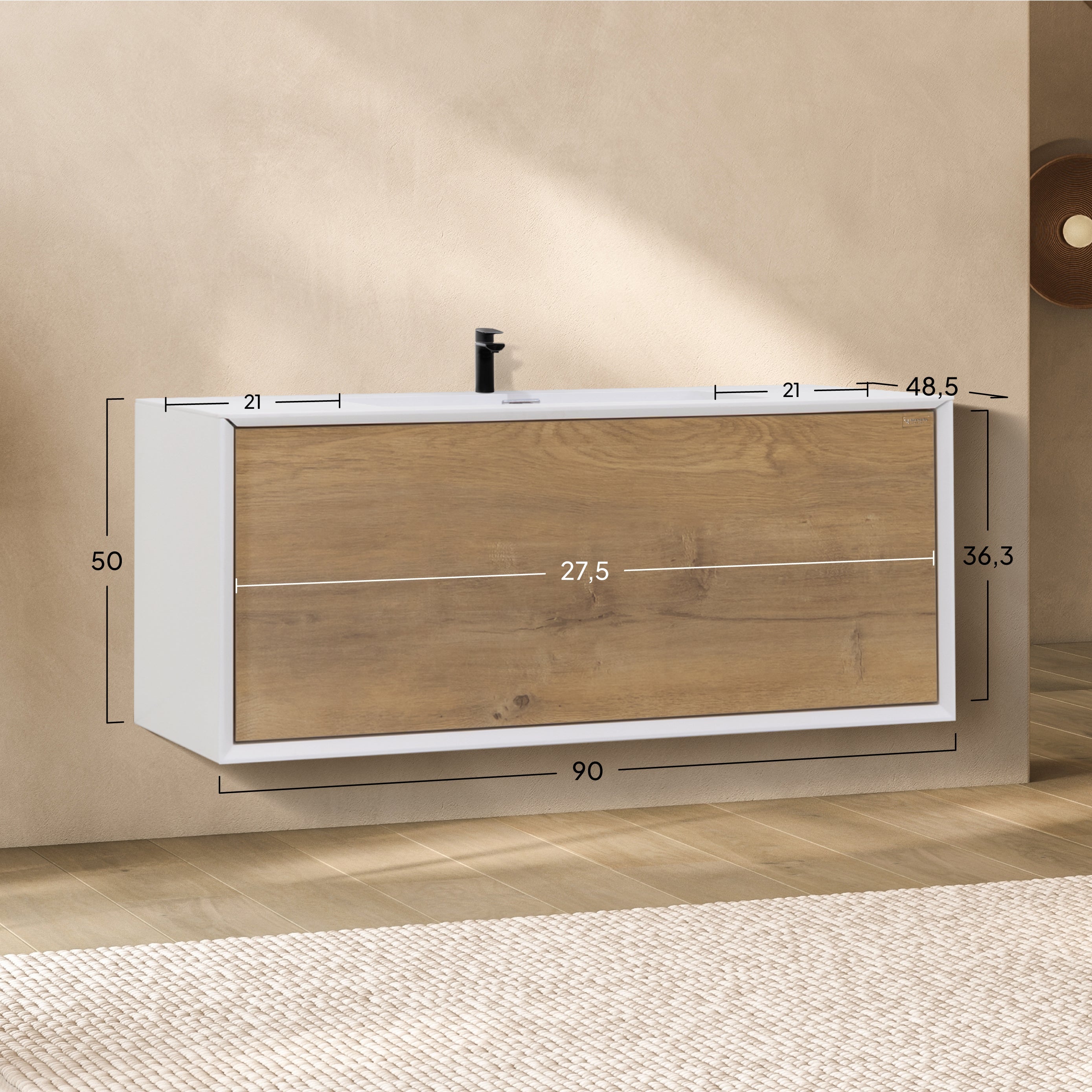 HEBE - Mueble de lavabo suspendido con acabado blanco y roble