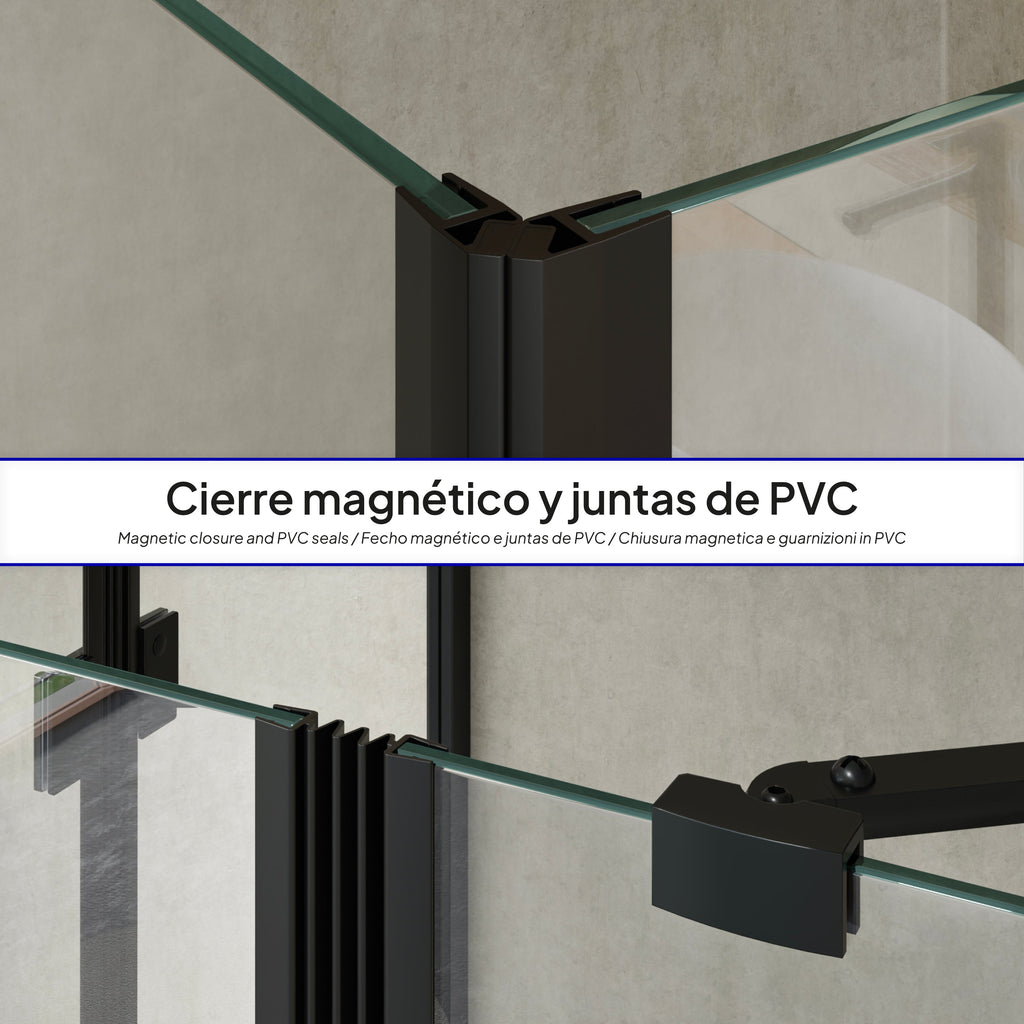 CELINE - Cabine de duche de canto com portas articuladas em vidro temperado e perfil preto mate