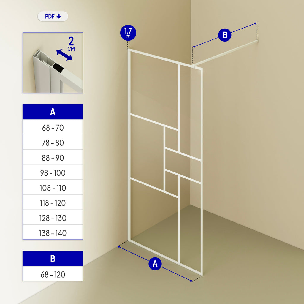 GIANNA - Panel de ducha Walk-In de vidrio templado con bloques y perfil cromado