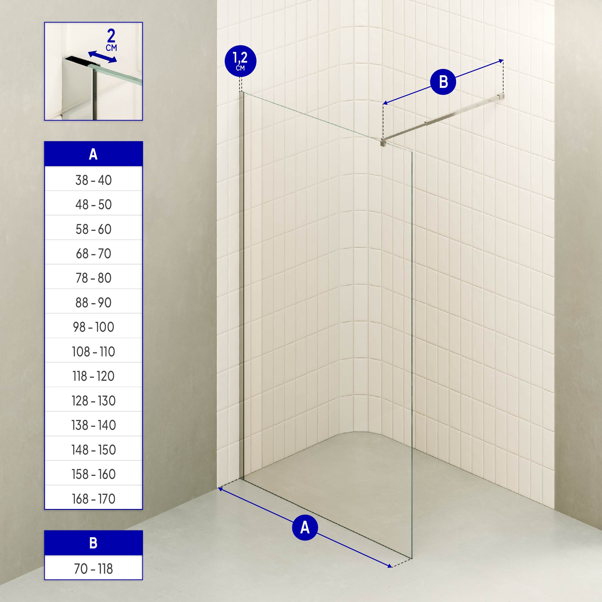 FIONA - Painel de duche walk-in em vidro temperado 8 mm com perfil cromado e barra 22M