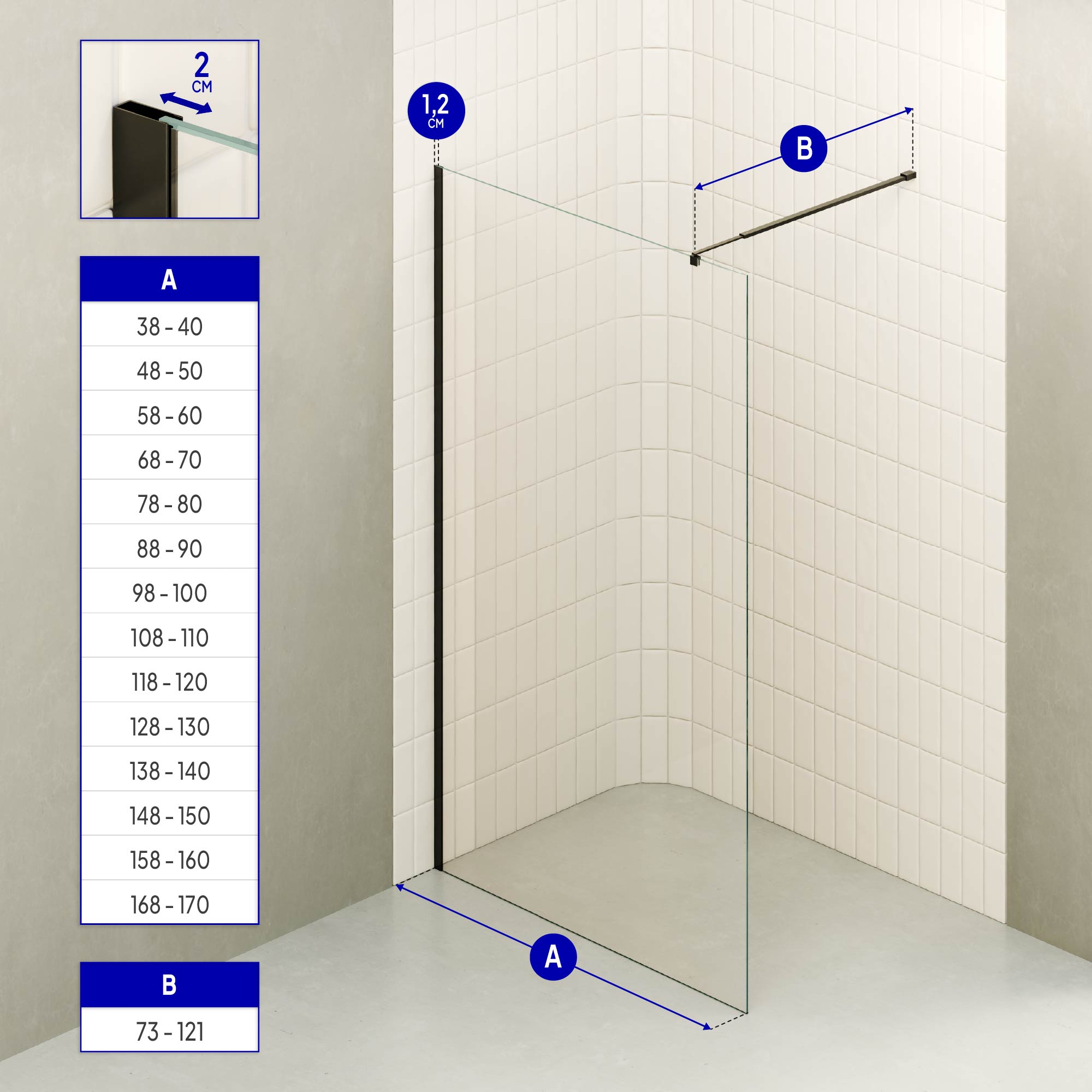 FIONA - Painel de duche walk-in em vidro temperado 8 mm com perfil preto mate e barra 23BM
