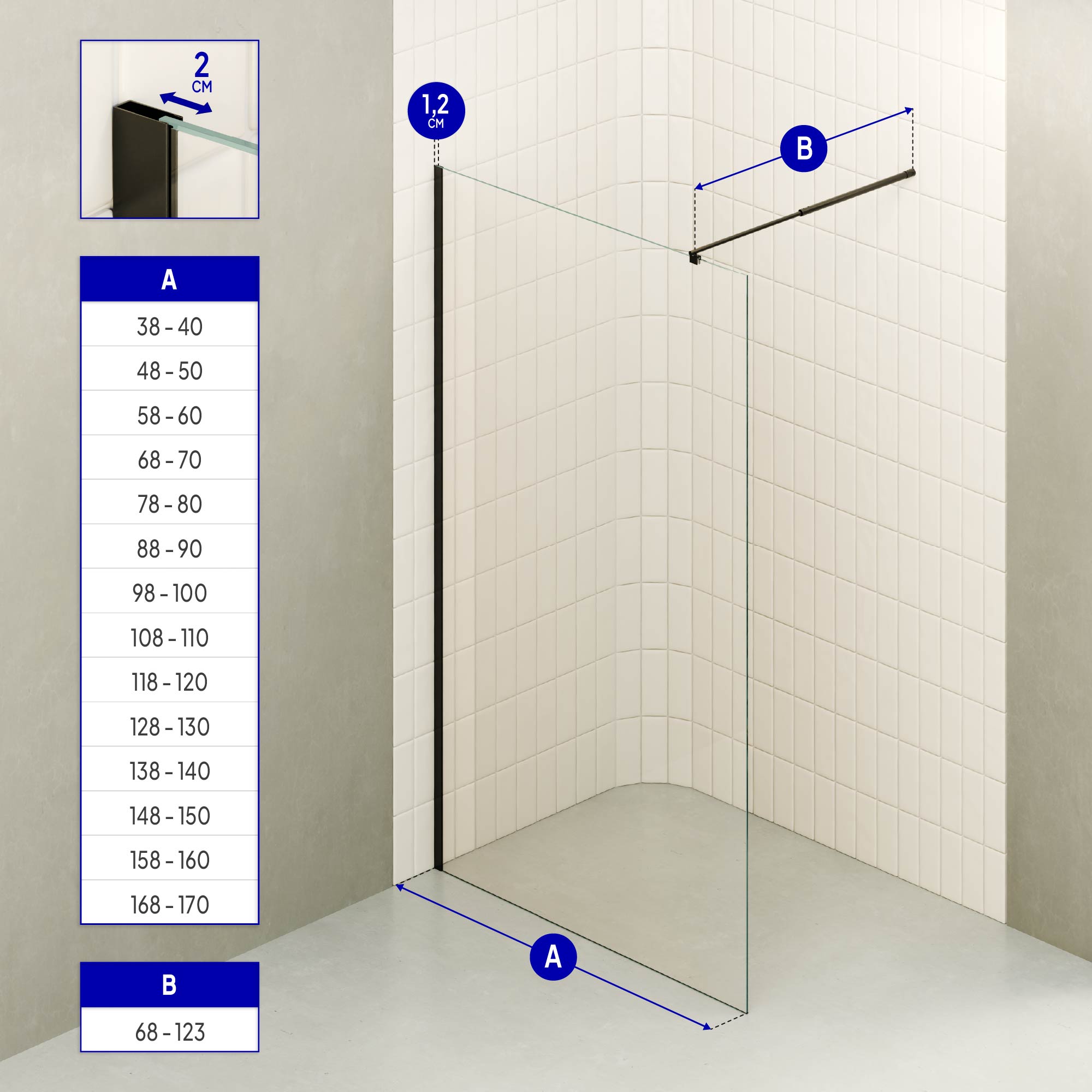 FIONA - Painel de duche walk-in em vidro temperado 8 mm com perfil preto mate