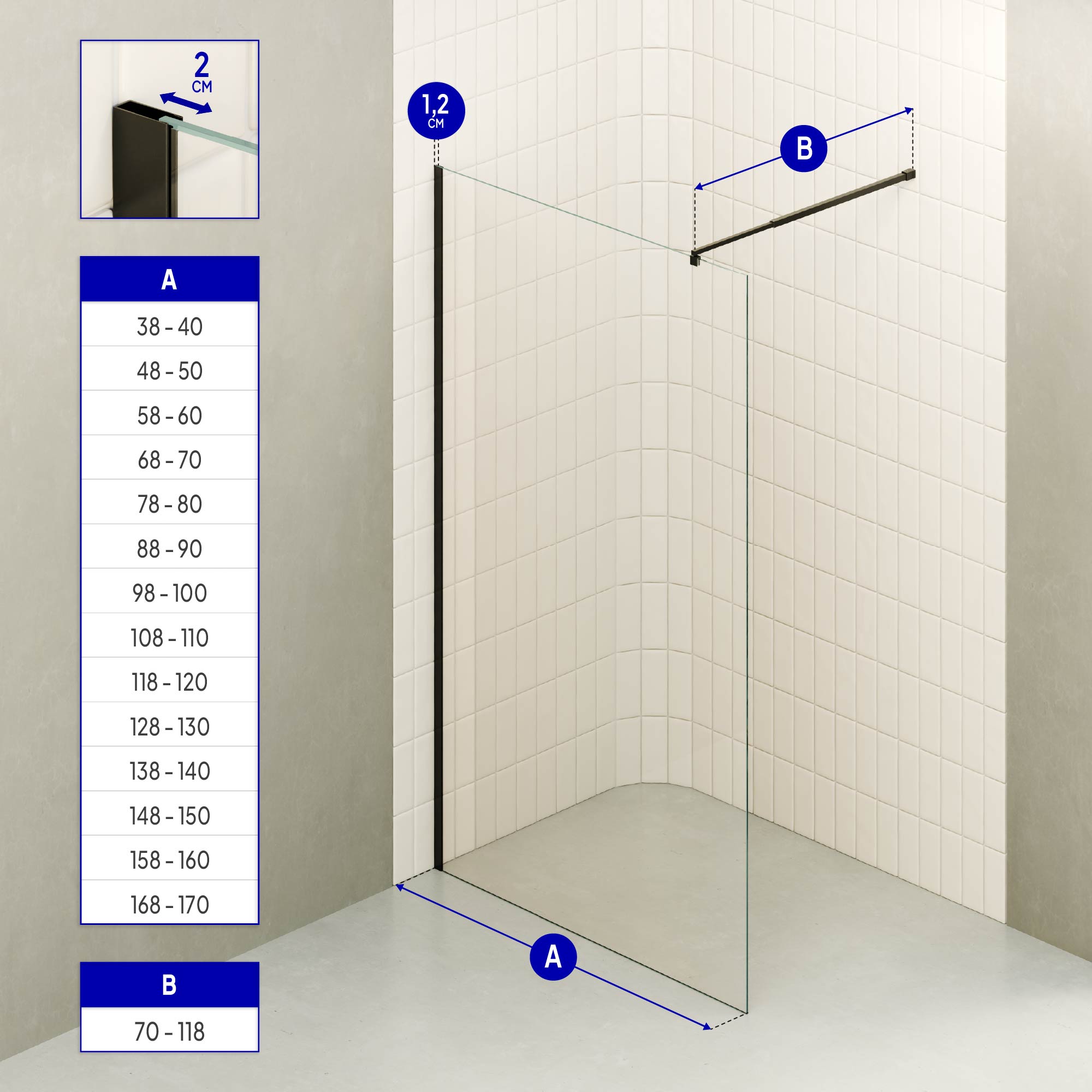 FIONA - Painel de duche walk-in em vidro temperado 8 mm com perfil preto mate e barra 22BM