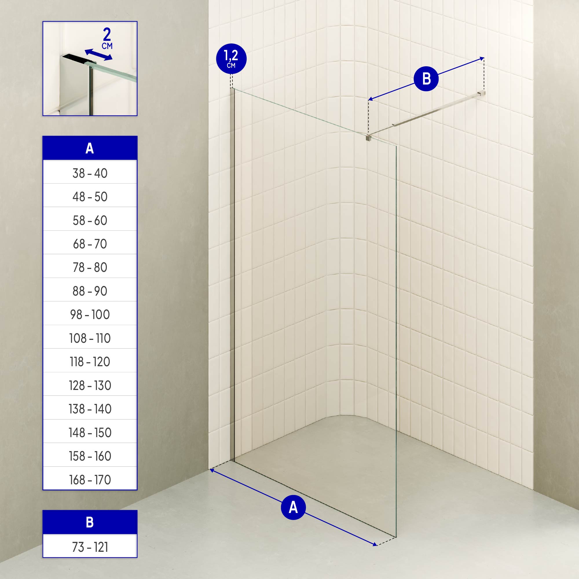 FIONA - Painel de duche walk-in em vidro temperado 8 mm com perfil cromado e barra 23M