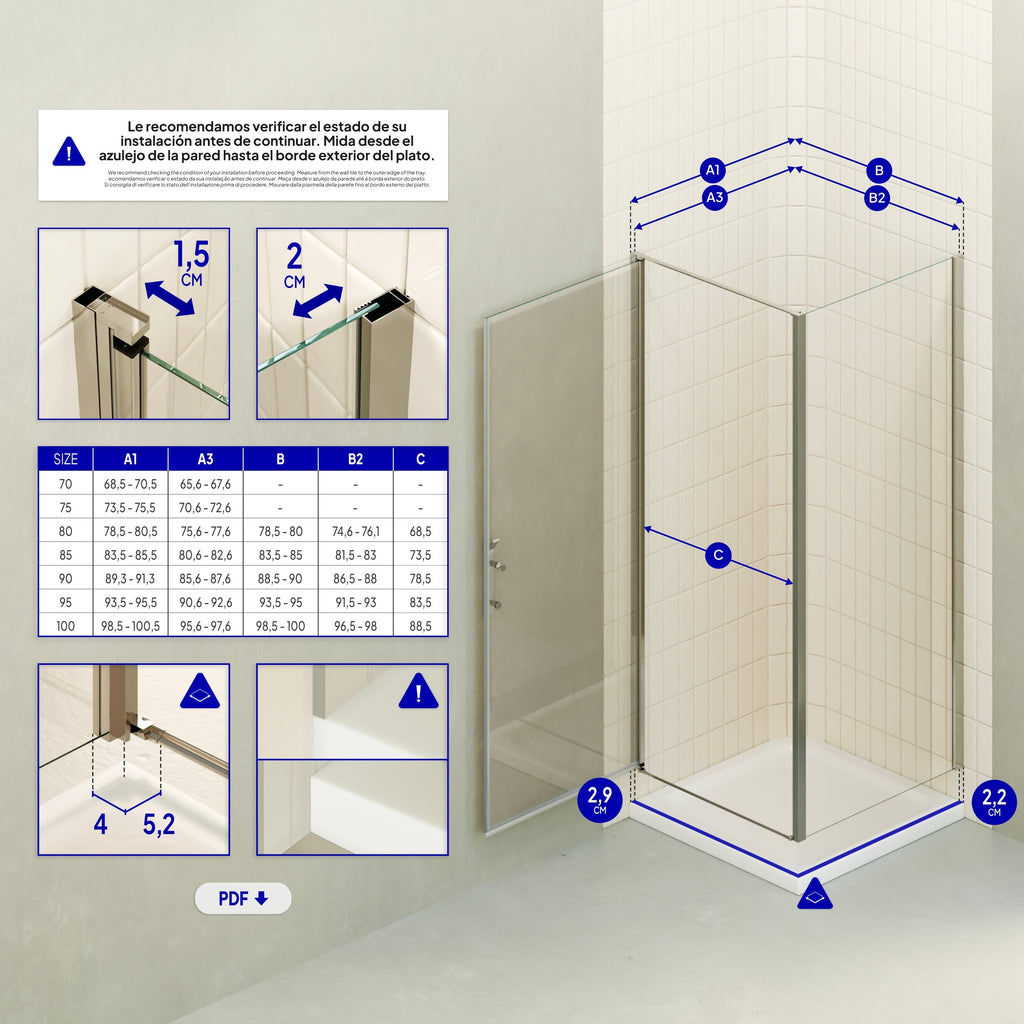 NICOLE - Cabine de duche frontal com portas articuladas em vidro temperado 8 mm