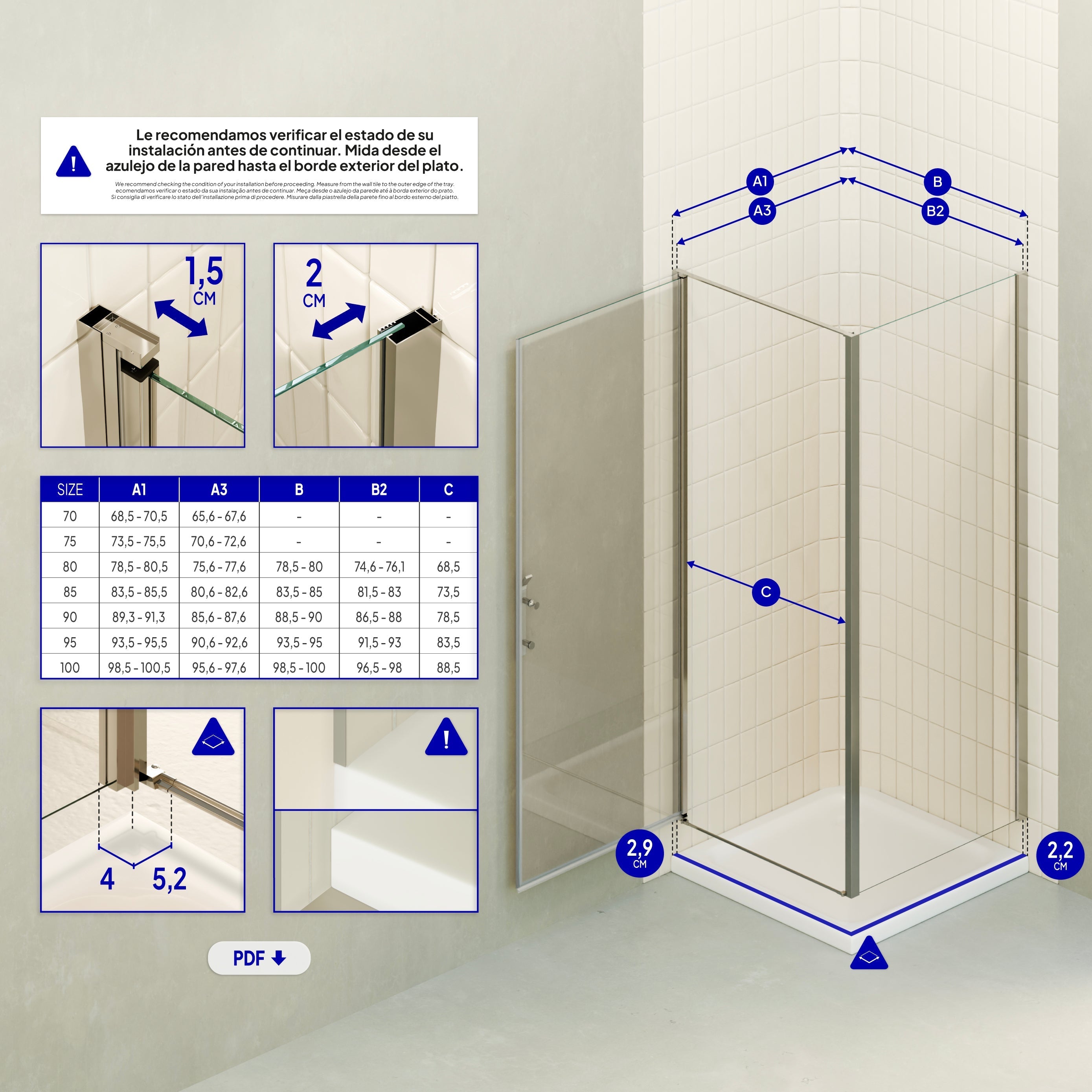 NICOLE - Cabine de duche frontal com portas articuladas em vidro temperado 8 mm