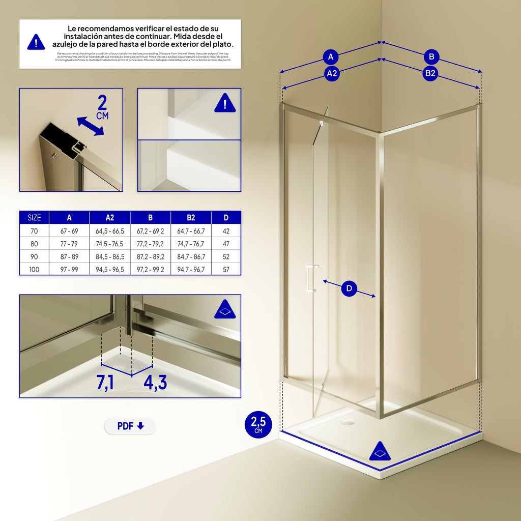ISADORA - Cabine de duche frontal com portas articuladas em vidro temperado e perfil cromado