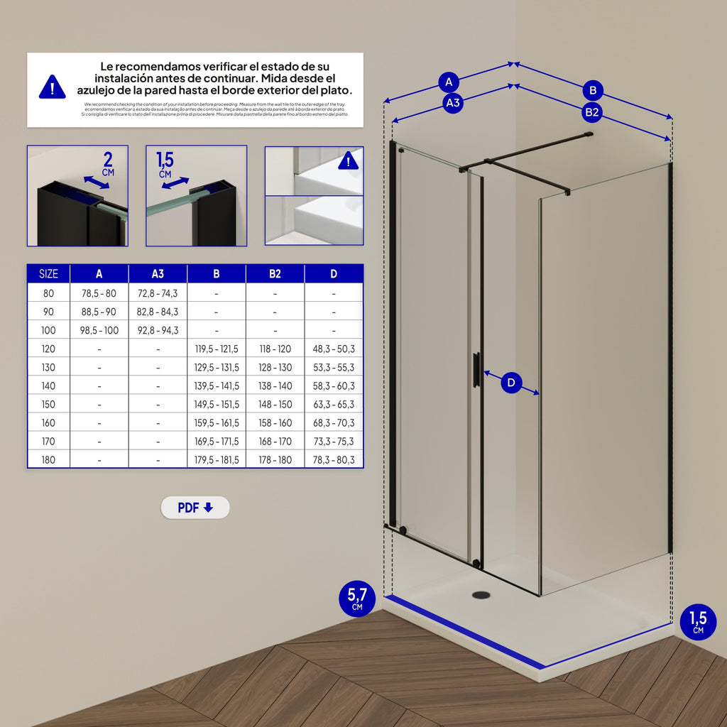 NADINE - Cabina de ducha con puerta corredera, cristal templado de 8 mm y perfil negro mate