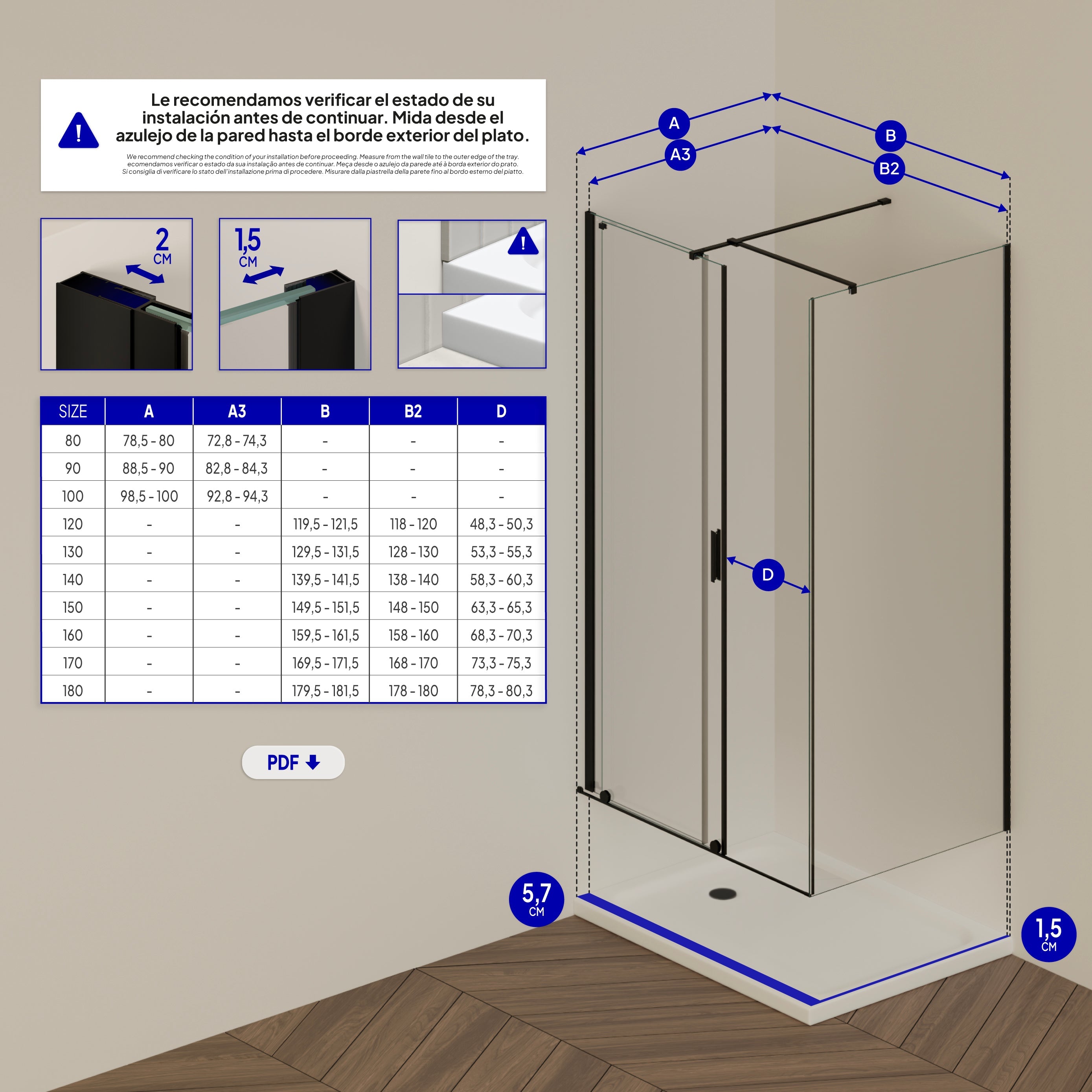 NADINE - Cabina de ducha con puerta corredera, cristal templado de 8 mm y perfil negro mate