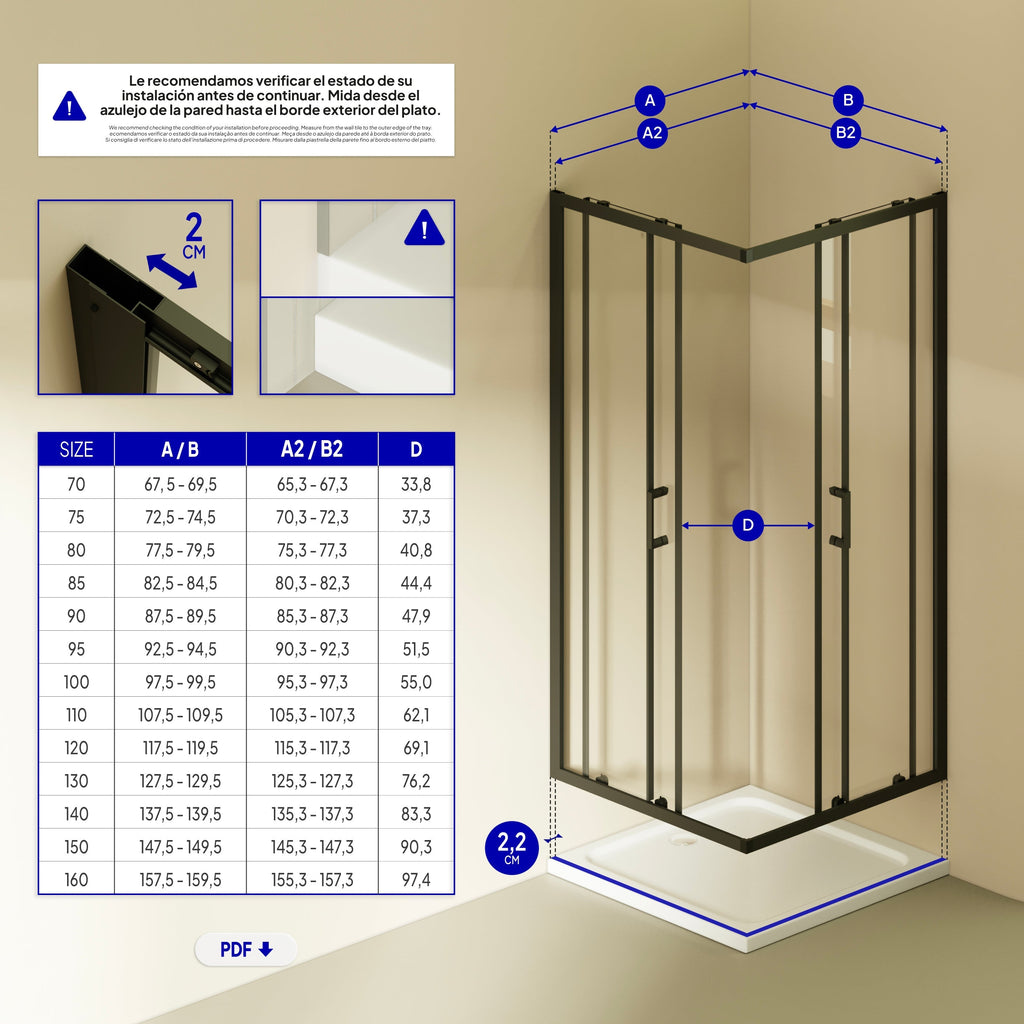 DIANA - Box doccia angolare con ante scorrevoli, vetro temperato e profilo nero opaco