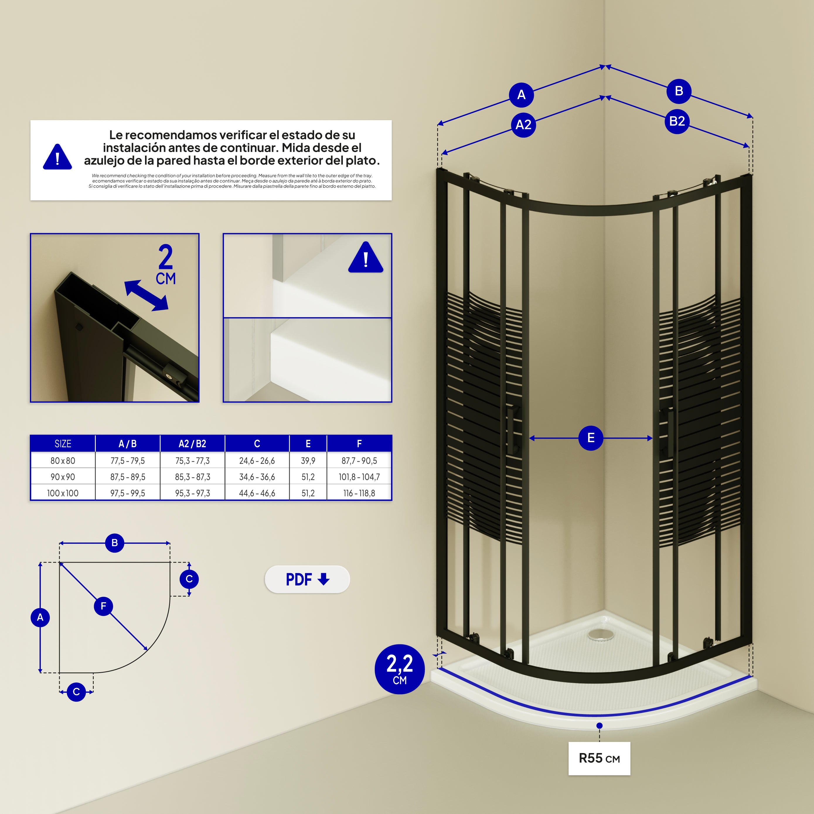 ELLA - Cabine de duche de quadrante com vidro transparente e linhas pretas