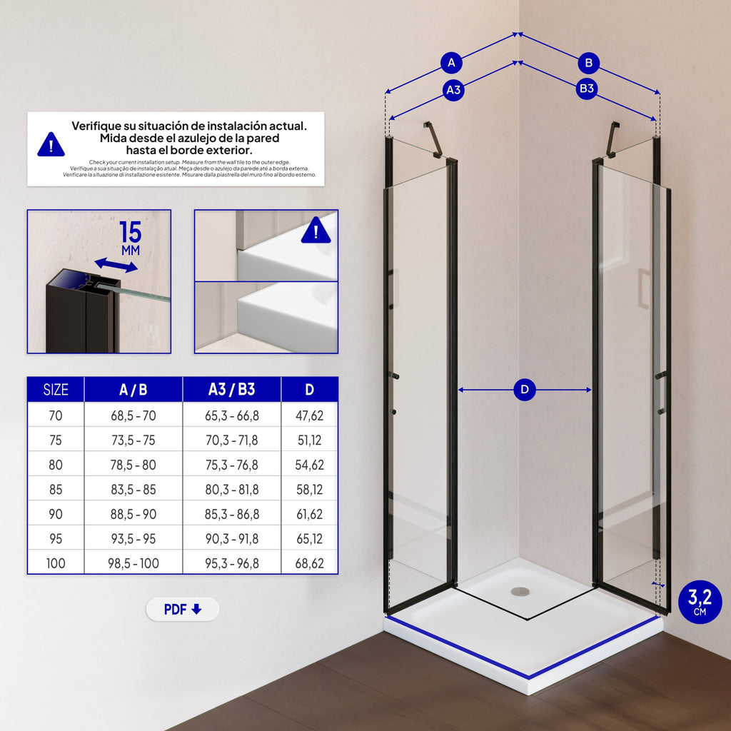 LINDA - Cabine de duche de canto com portas articuladas em vidro temperado e perfil preto mate