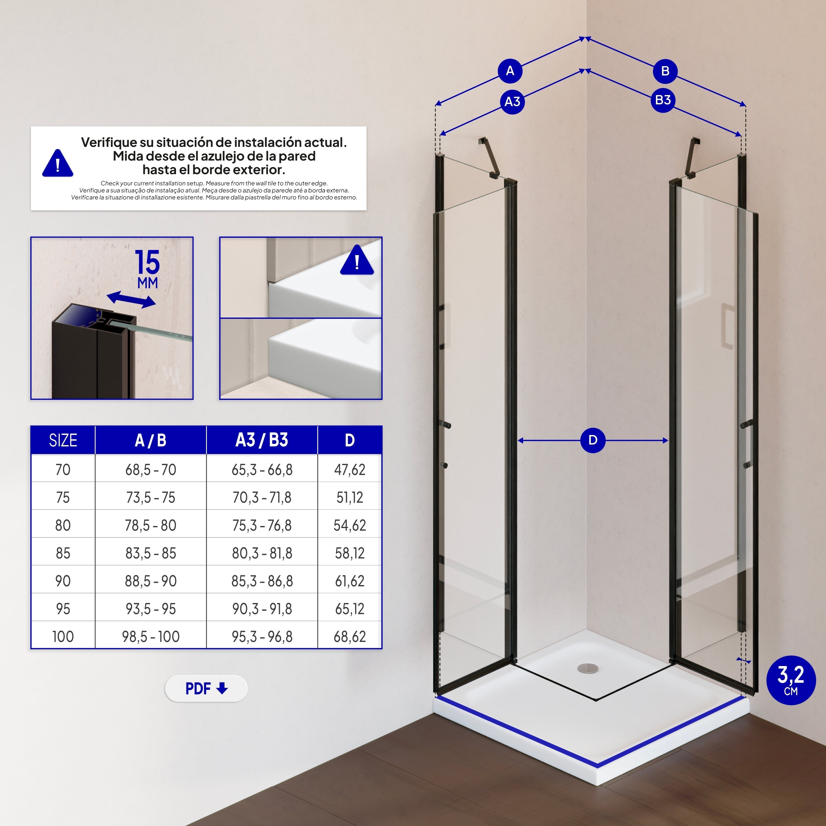 LINDA - Cabine de duche de canto com portas articuladas em vidro temperado e perfil preto mate