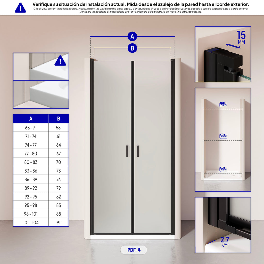 LARA - Puerta de ducha con puertas abatibles de cristal templado esmerilado de 6 mm y perfil negro mate