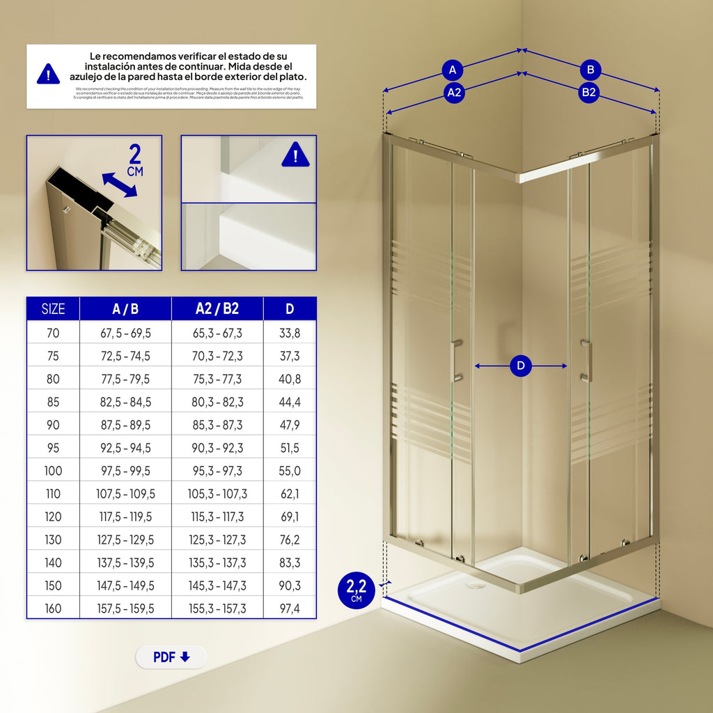 DIANA - Cabine de duche de canto com portas de correr em vidro temperado meio fosco