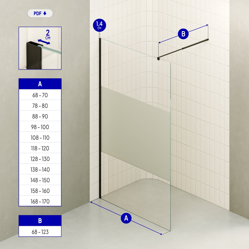 FIONA - Mampara de ducha Walk-In de cristal templado medio esmerilado 10 mm con perfil negro mate