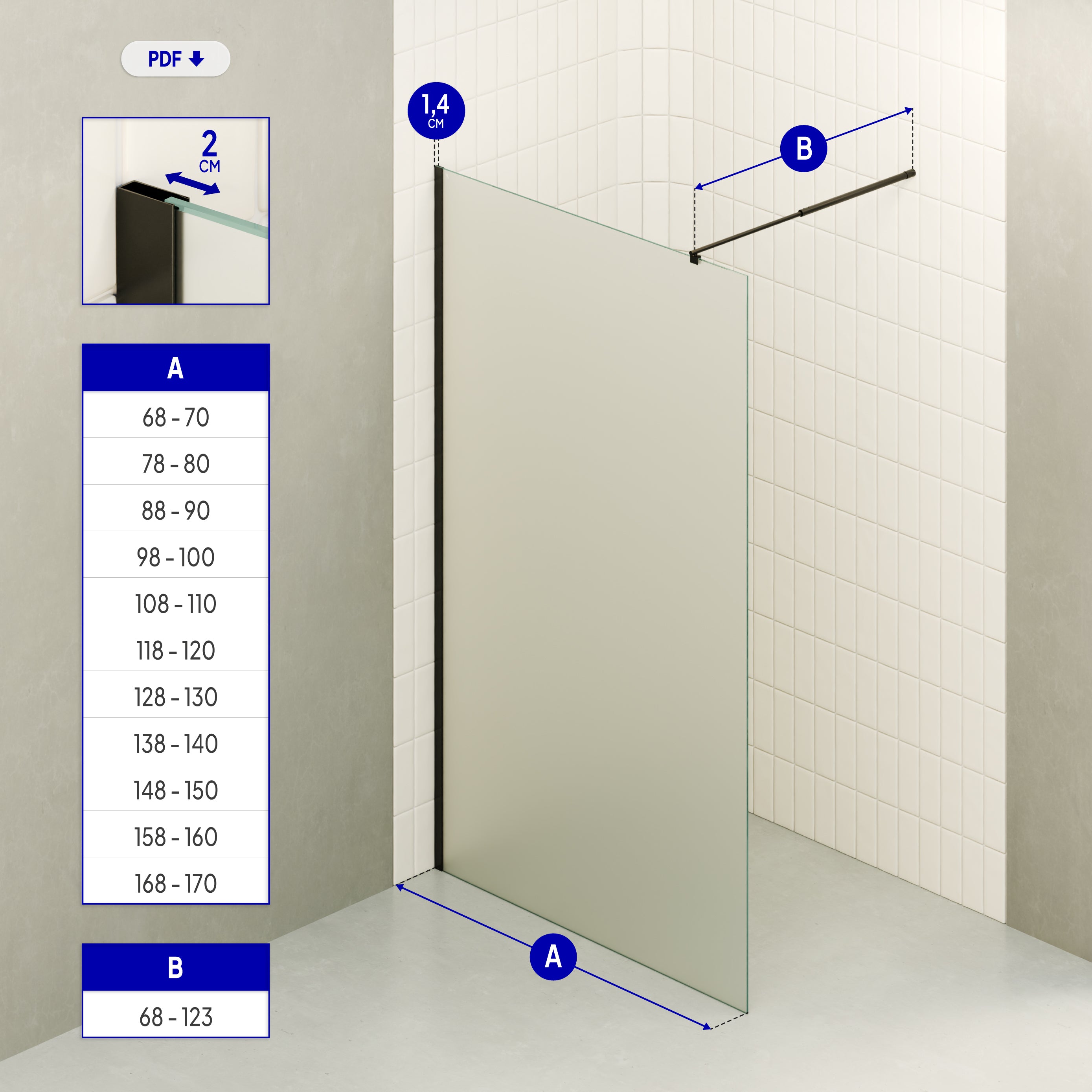 OLIVIA - Painel de duche Walk-In em vidro temperado fosco 10 mm com perfil preto mate