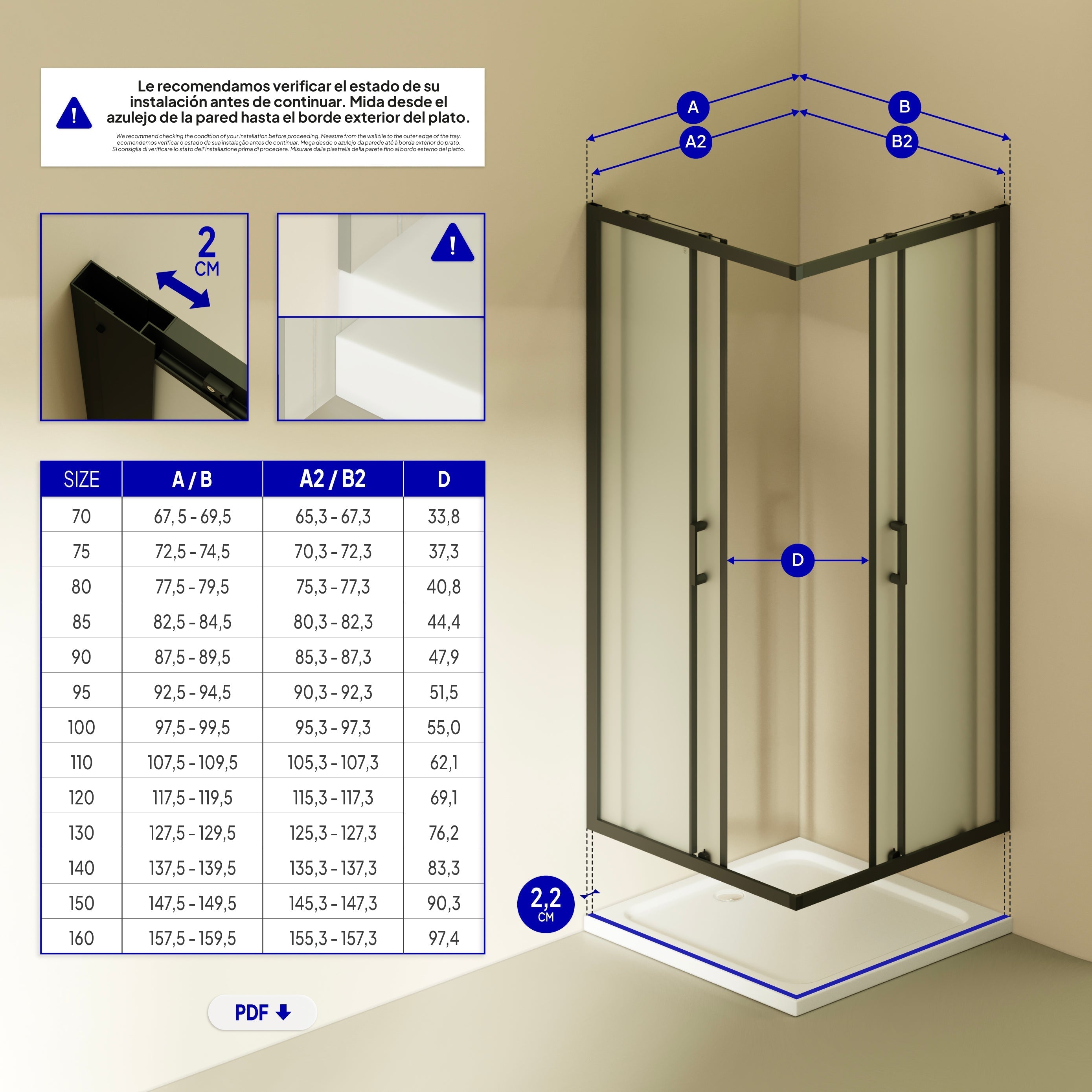 DIANA - Cabine de duche de canto com portas de correr em vidro temperado fosco e perfil preto mate