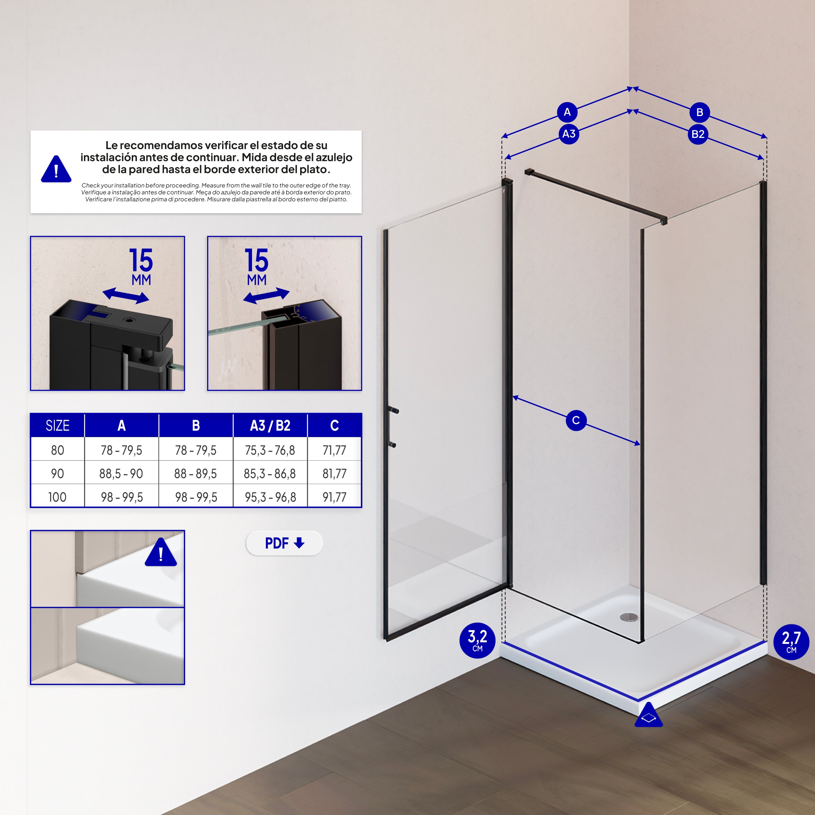 HELLEN - Cabine de duche frontal com portas articuladas em vidro temperado e perfil preto mate