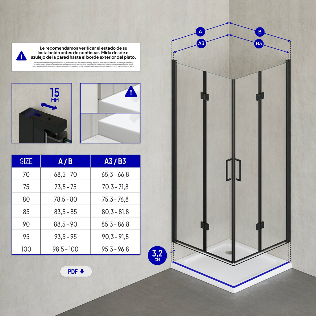 BELLE - Cabine de duche de canto com portas dobráveis em vidro temperado e perfil preto mate