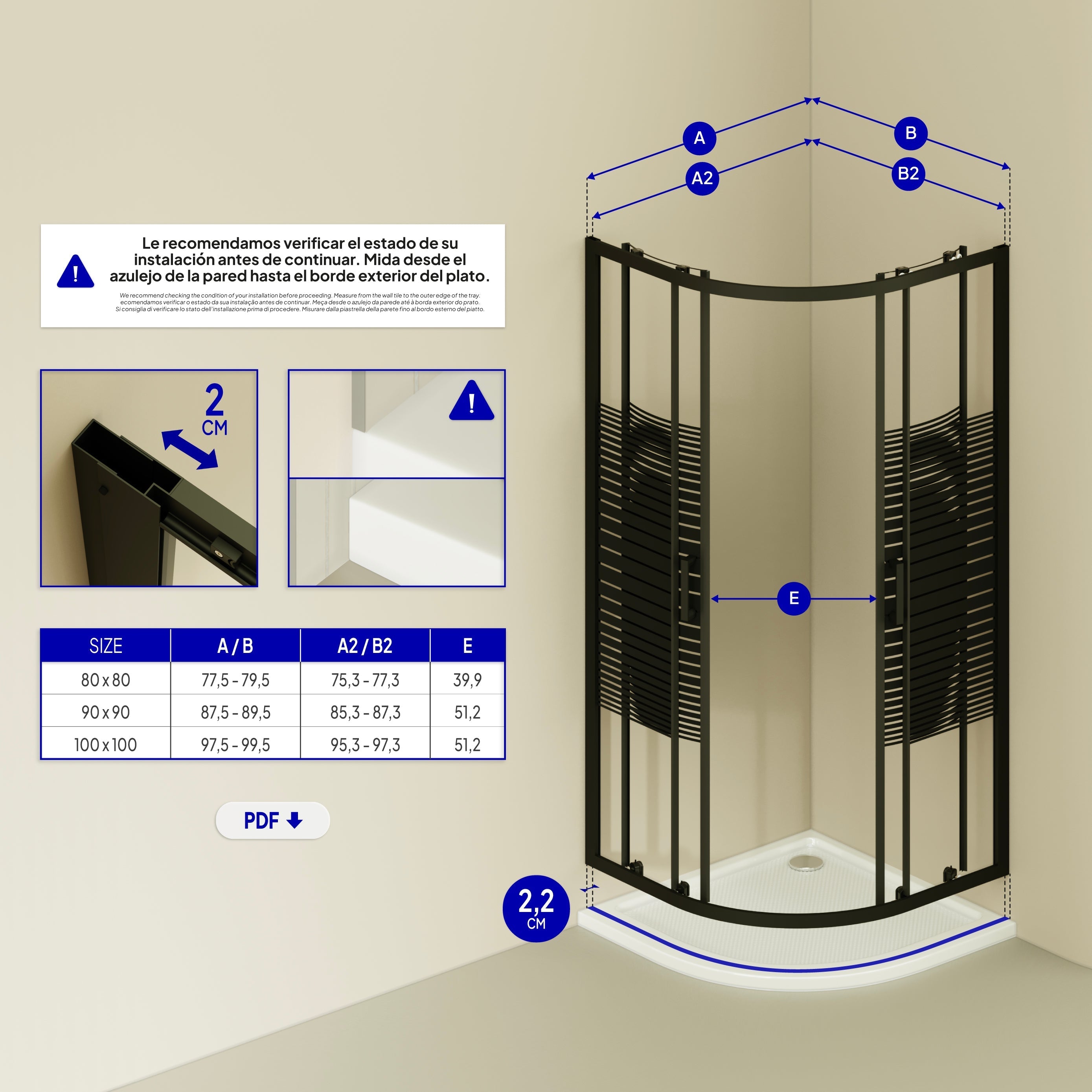 ELLA - Cabine de duche de quadrante com vidro transparente e linhas pretas