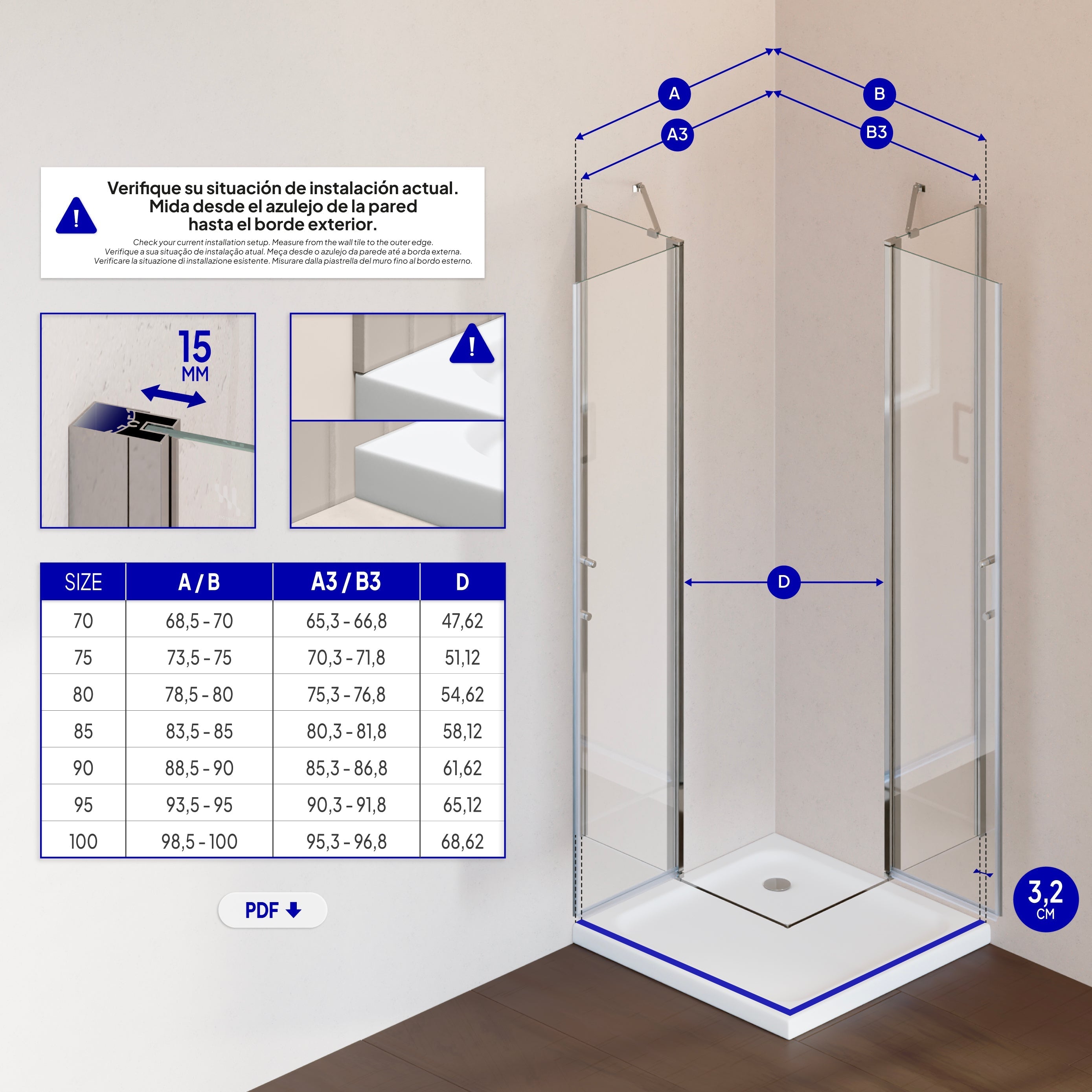 LINDA - Cabine de duche de canto com portas articuladas em vidro temperado e perfil cromado