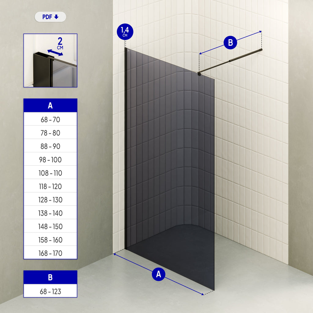 OLIVIA - Painel de duche Walk-In em vidro temperado escurecido 10 mm com perfil preto mate