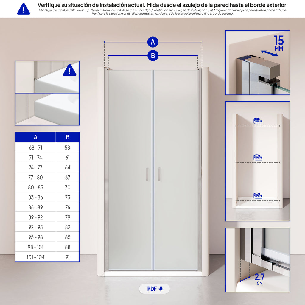 LARA - Mampara de ducha con puertas abatibles de vidrio templado esmerilado de 6 mm