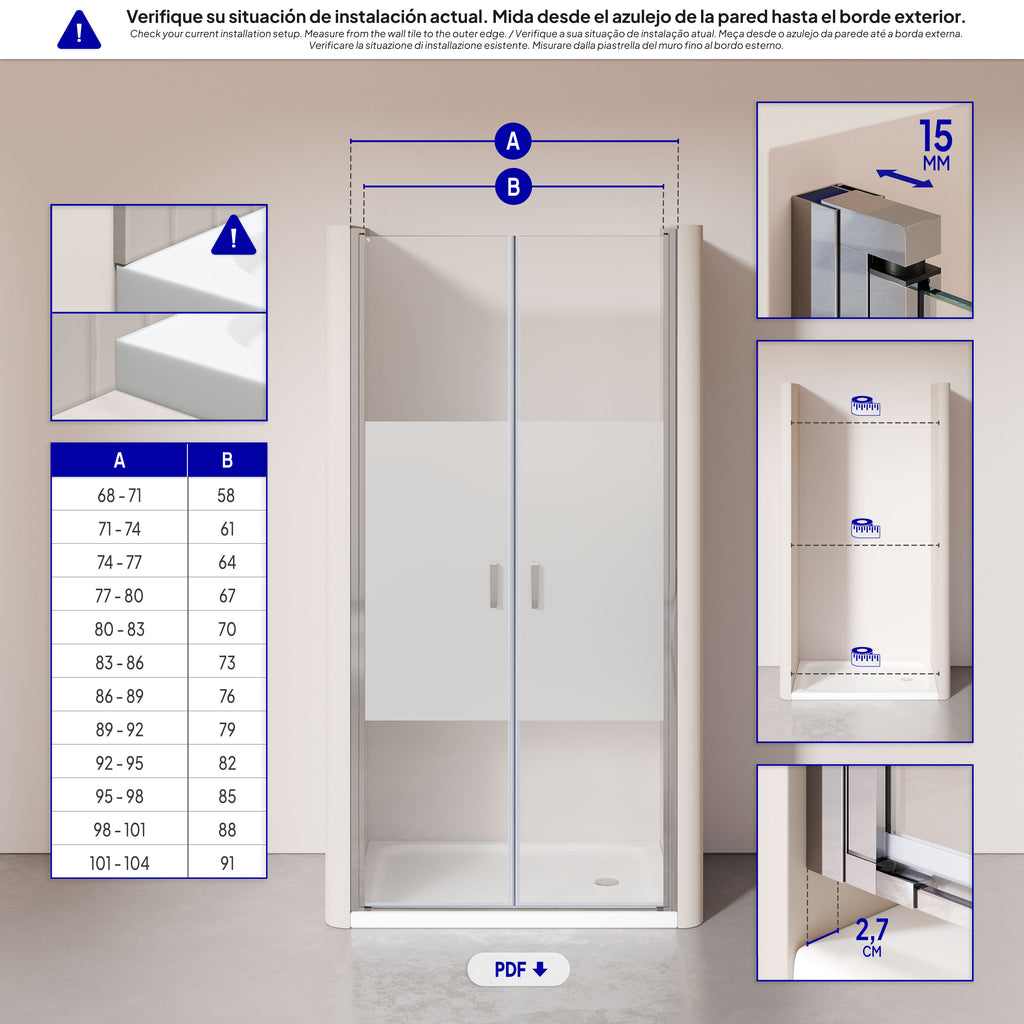 LARA - Mampara de ducha con puertas batientes de cristal templado parcialmente esmerilado de 6 mm
