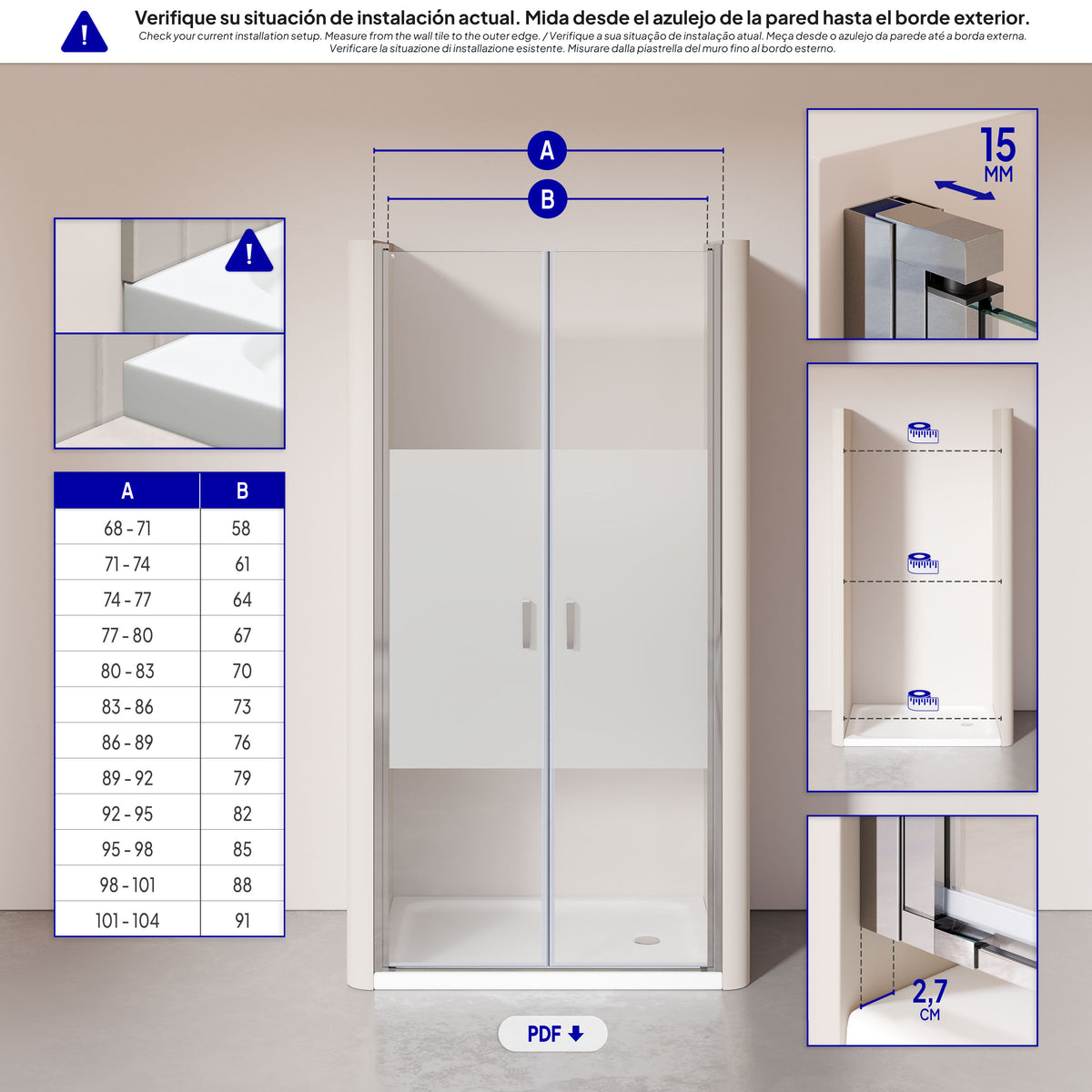 LARA - Mampara de ducha con puertas batientes de cristal templado parcialmente esmerilado de 6 mm
