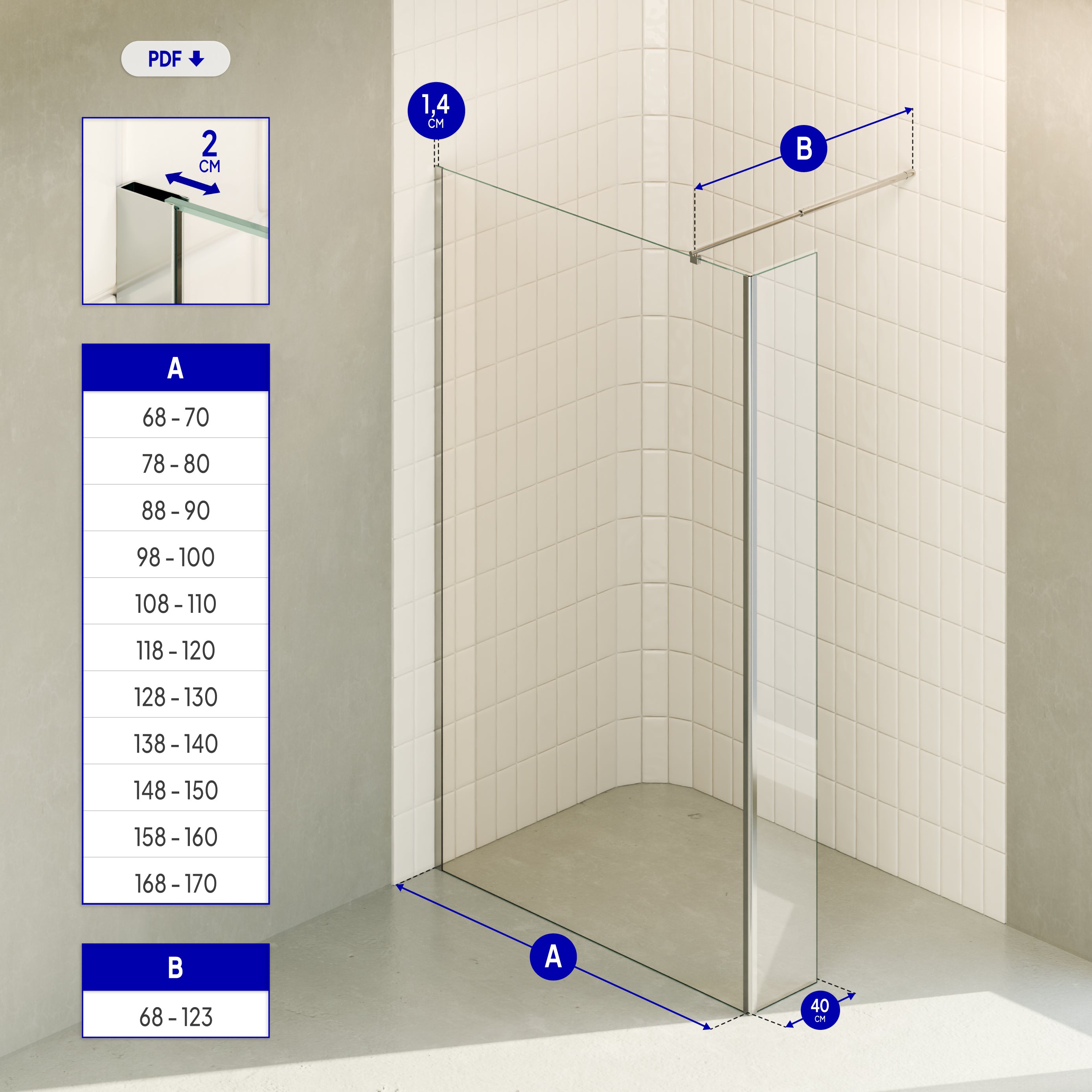 FIONA - Painel de duche Walk-In com painel lateral fixo em vidro temperado 10 mm