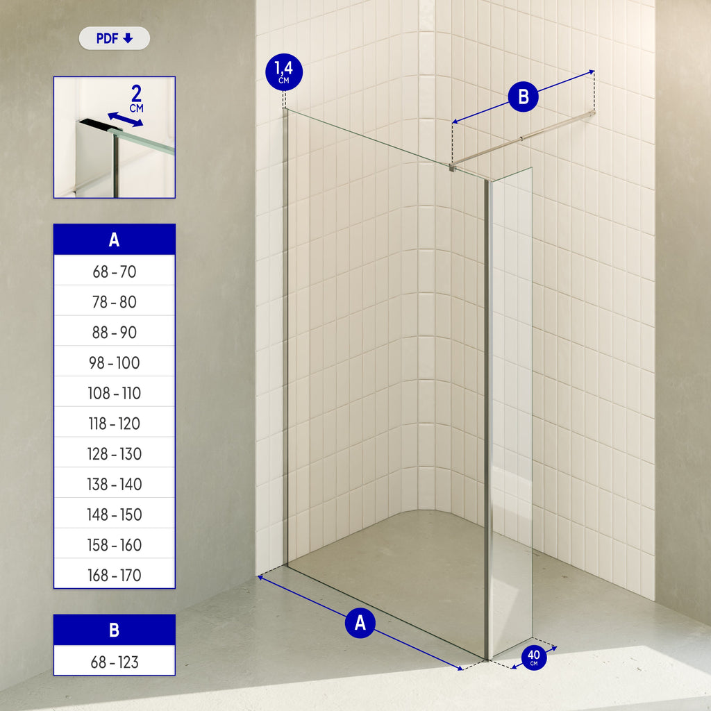 FIONA - Painel de duche Walk-In com painel lateral giratório em vidro temperado 10 mm