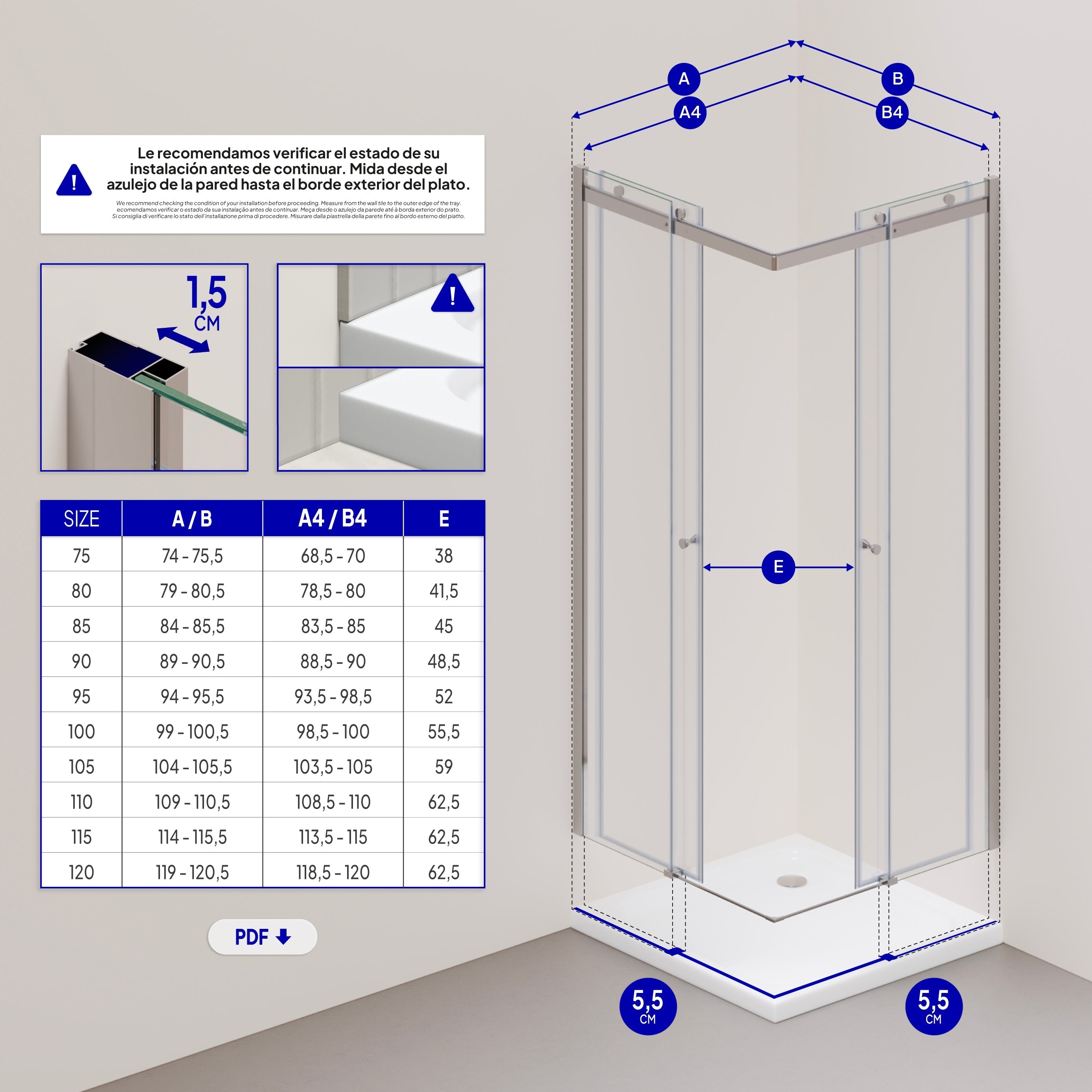 ANNA - Cabine de duche de canto com portas de correr, vidro temperado 8 mm