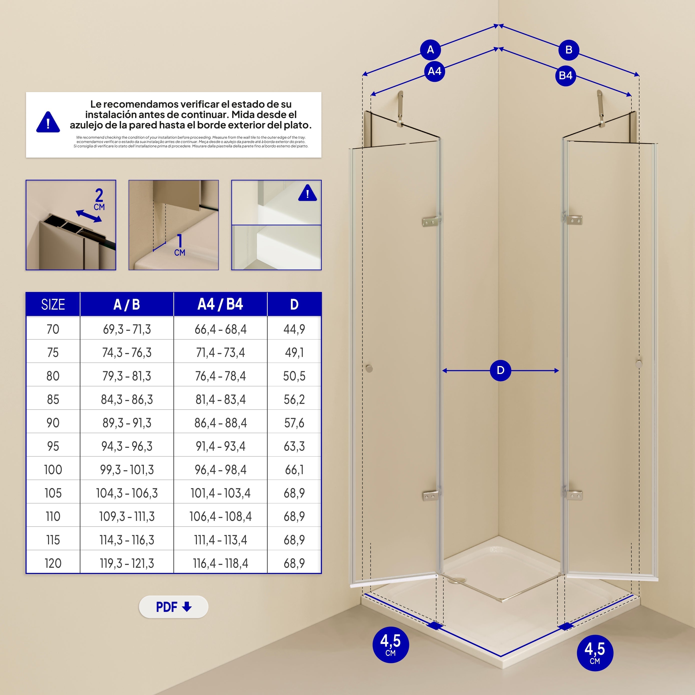 ALICE - Cabine de duche de canto com portas articuladas em vidro temperado fosco