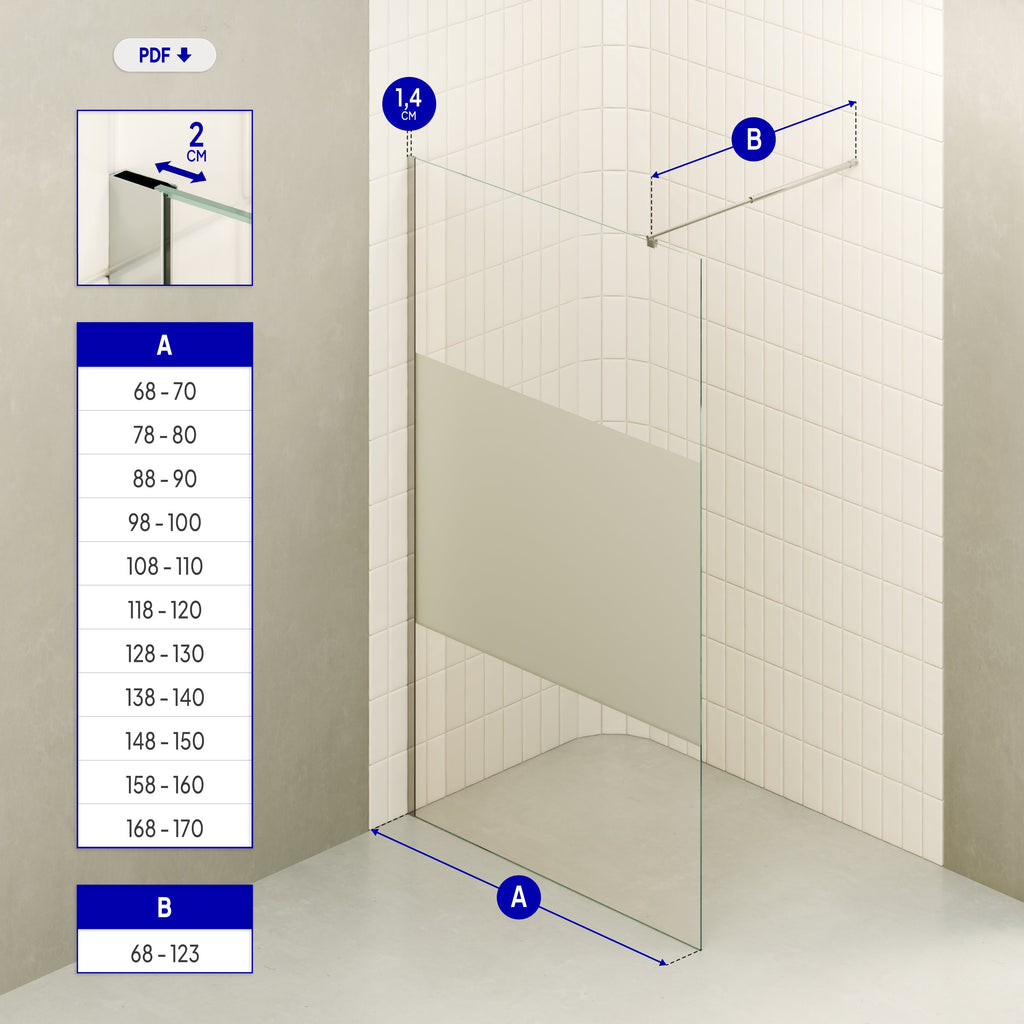 FIONA - Painel de duche Walk-In em vidro temperado meio fosco 10 mm com perfil cromado