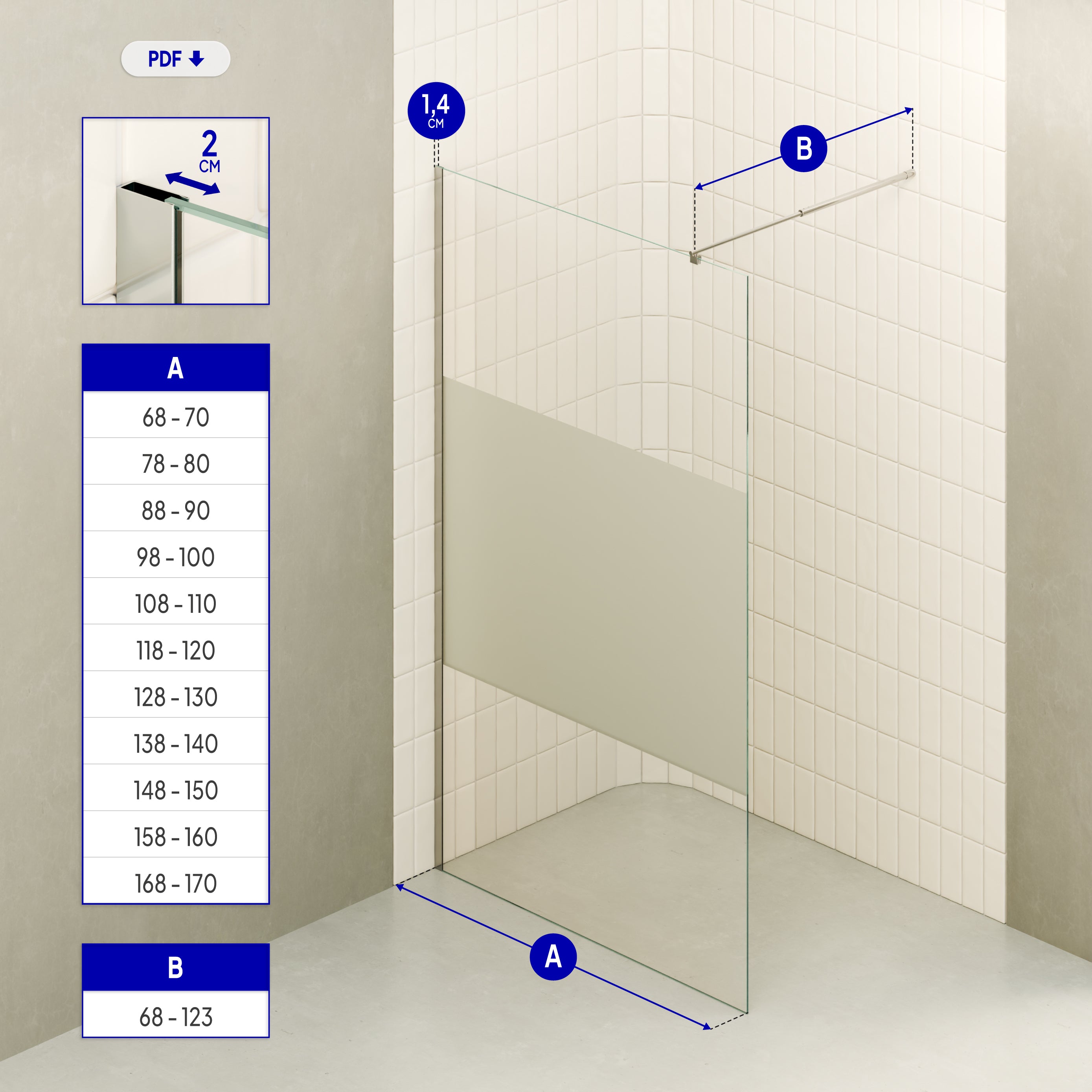 FIONA - Painel de duche Walk-In em vidro temperado meio fosco 10 mm com perfil cromado