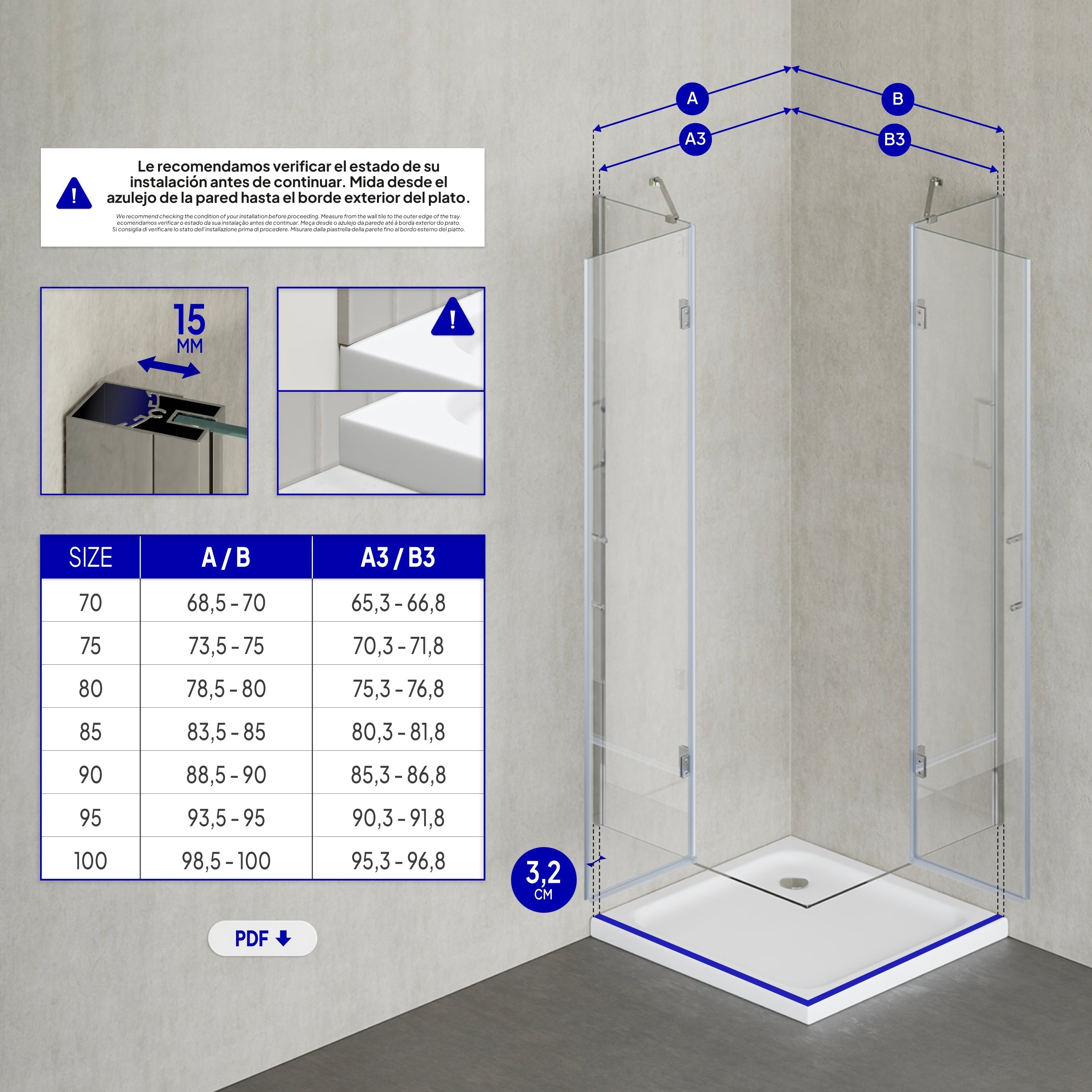 CELINE - Cabina de ducha de esquina con puertas batientes de cristal templado