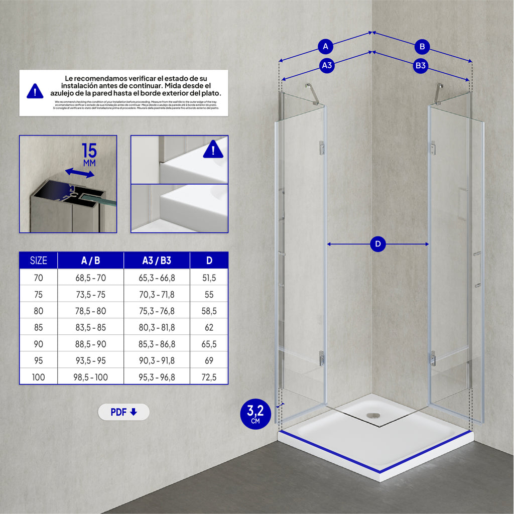 CELINE - Cabina de ducha de esquina con puertas batientes de cristal templado