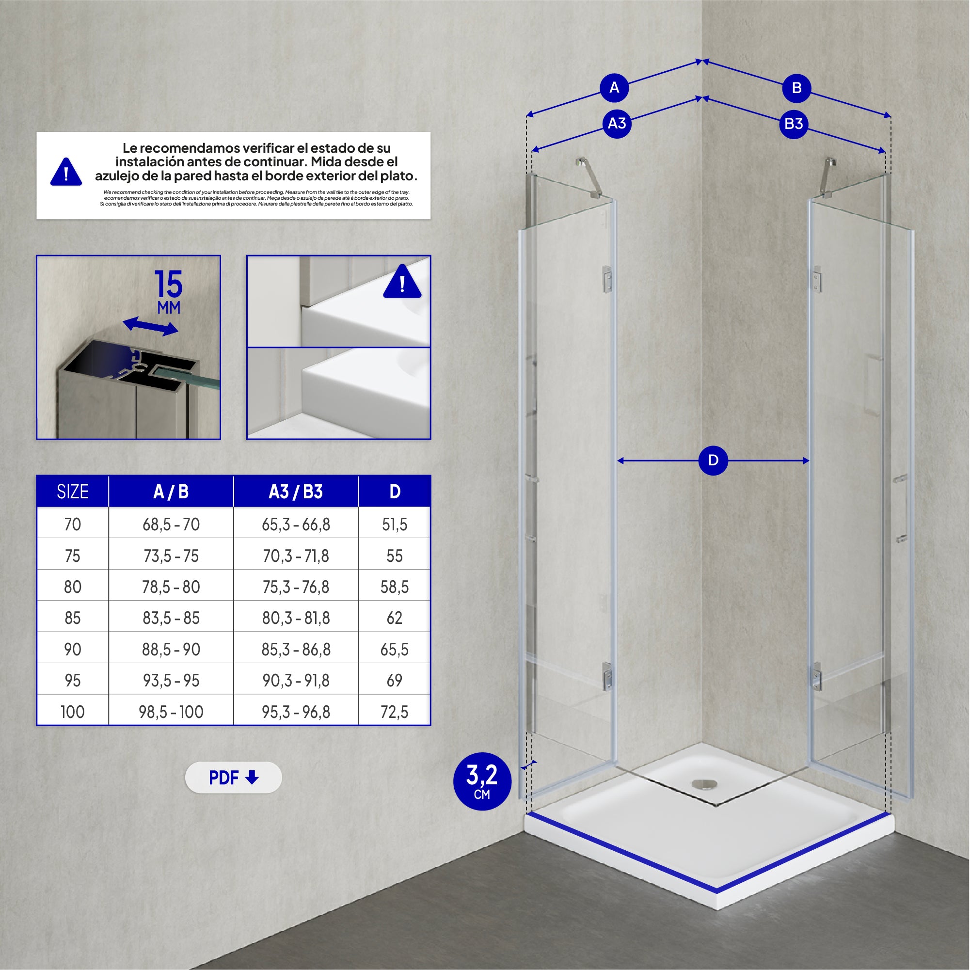 CELINE - Cabina de ducha de esquina con puertas batientes de cristal templado