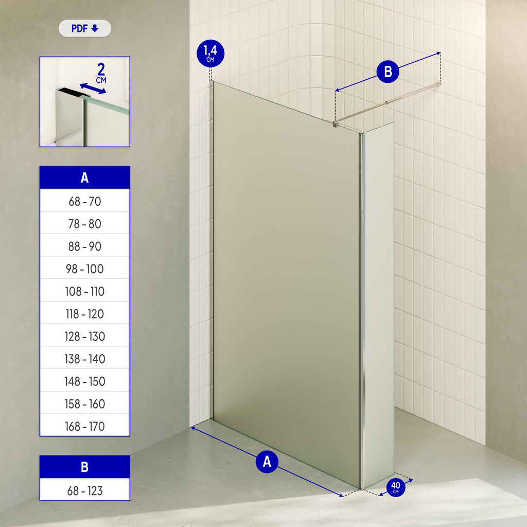 FIONA - Painel de duche Walk-In com painel lateral fixo em vidro temperado fosco 10 mm