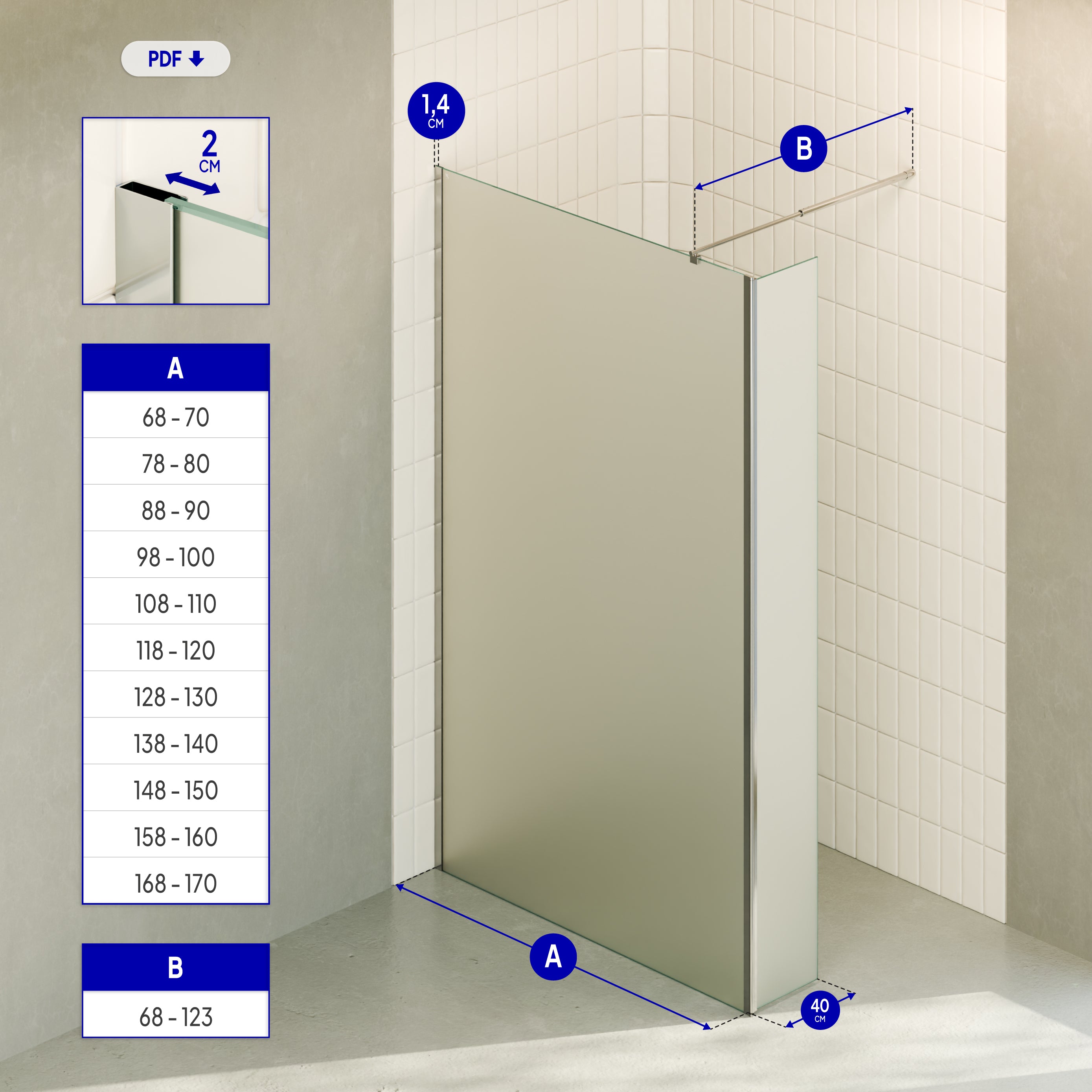 FIONA - Painel de duche Walk-In com painel lateral giratório em vidro temperado fosco 10 mm